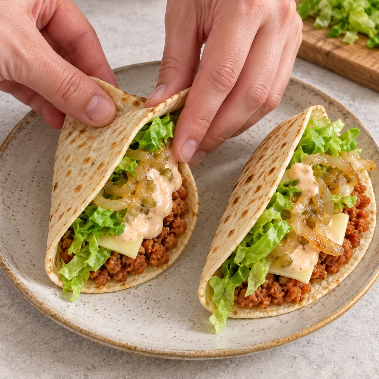 Petits tacos repliés avec fromage végétal, sauce et salade.