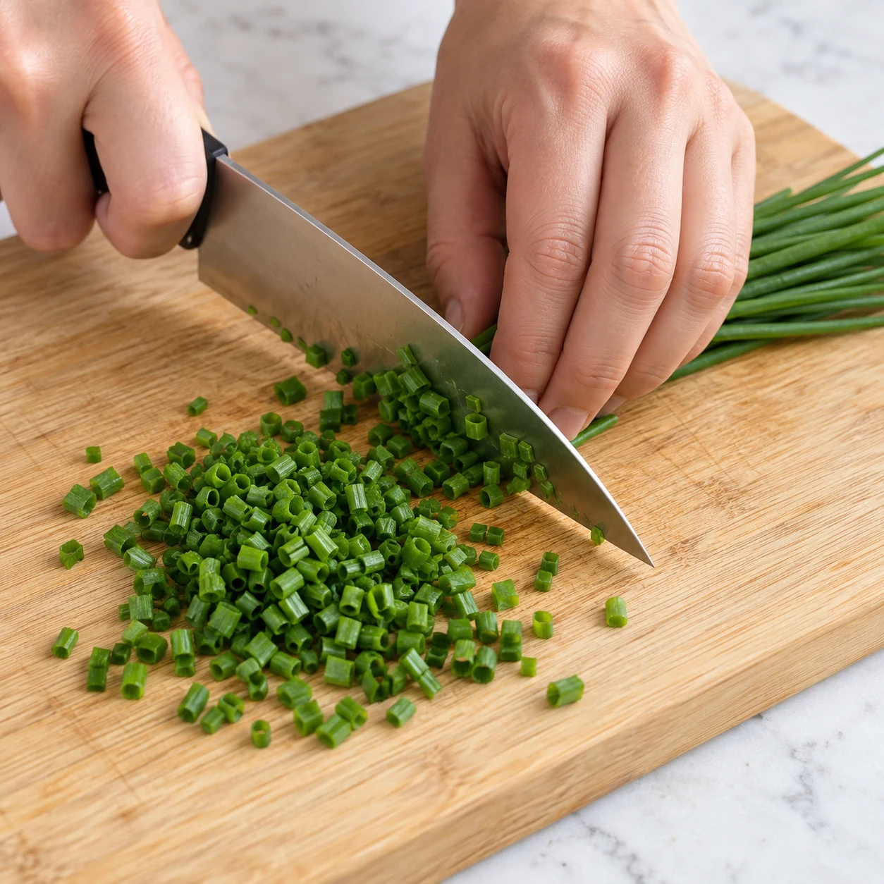 Ciseler la ciboulette. Cisèle la ciboulette pour obtenir la cuillère à soupe demandée. Une seule action ; uniquement les ingrédients déjà présents à cette étape. Photographie carrée de livre de cuisine, sans personne identifiable ni texte.