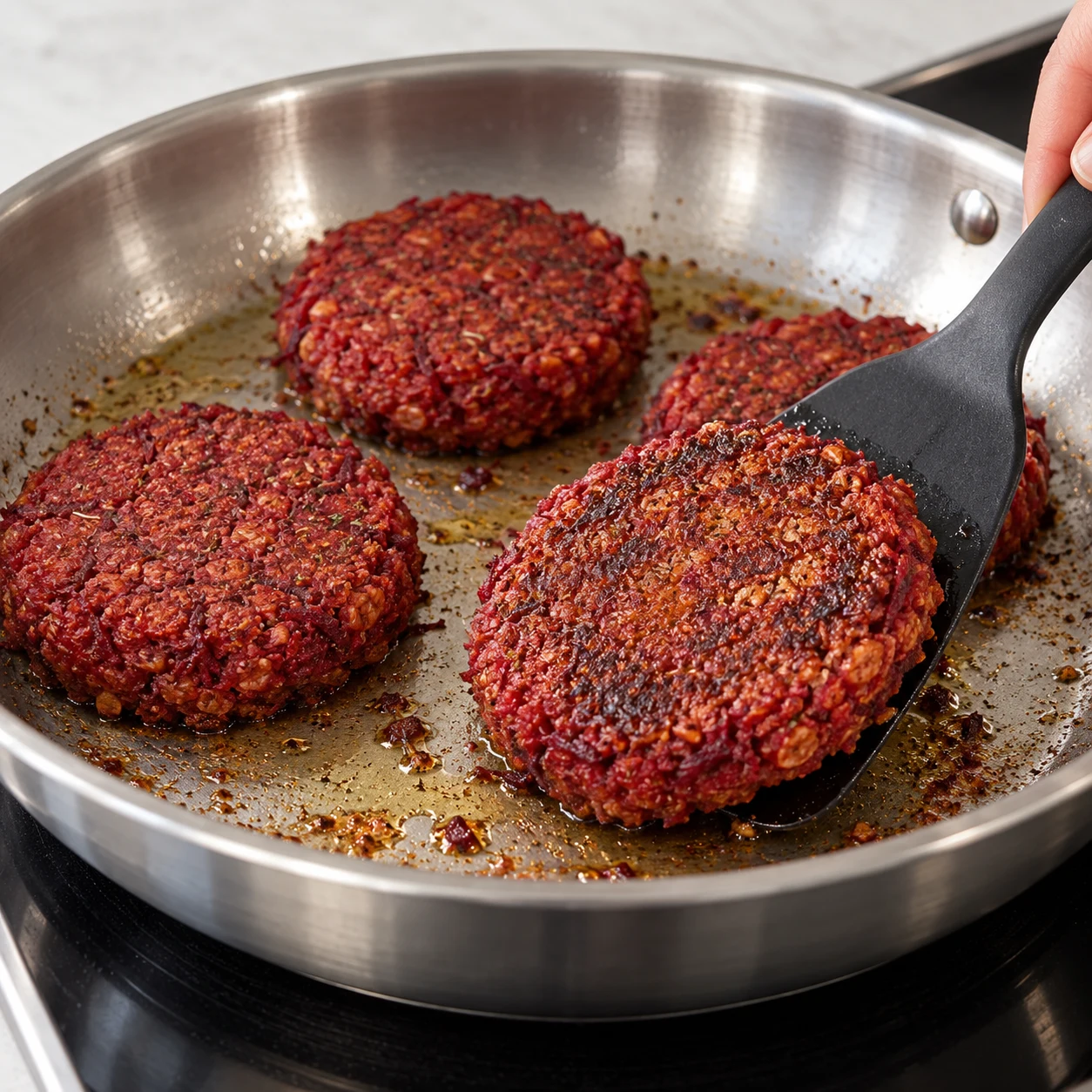 Steaks végétaux rouge brun qui dorent dans une poêle en inox.