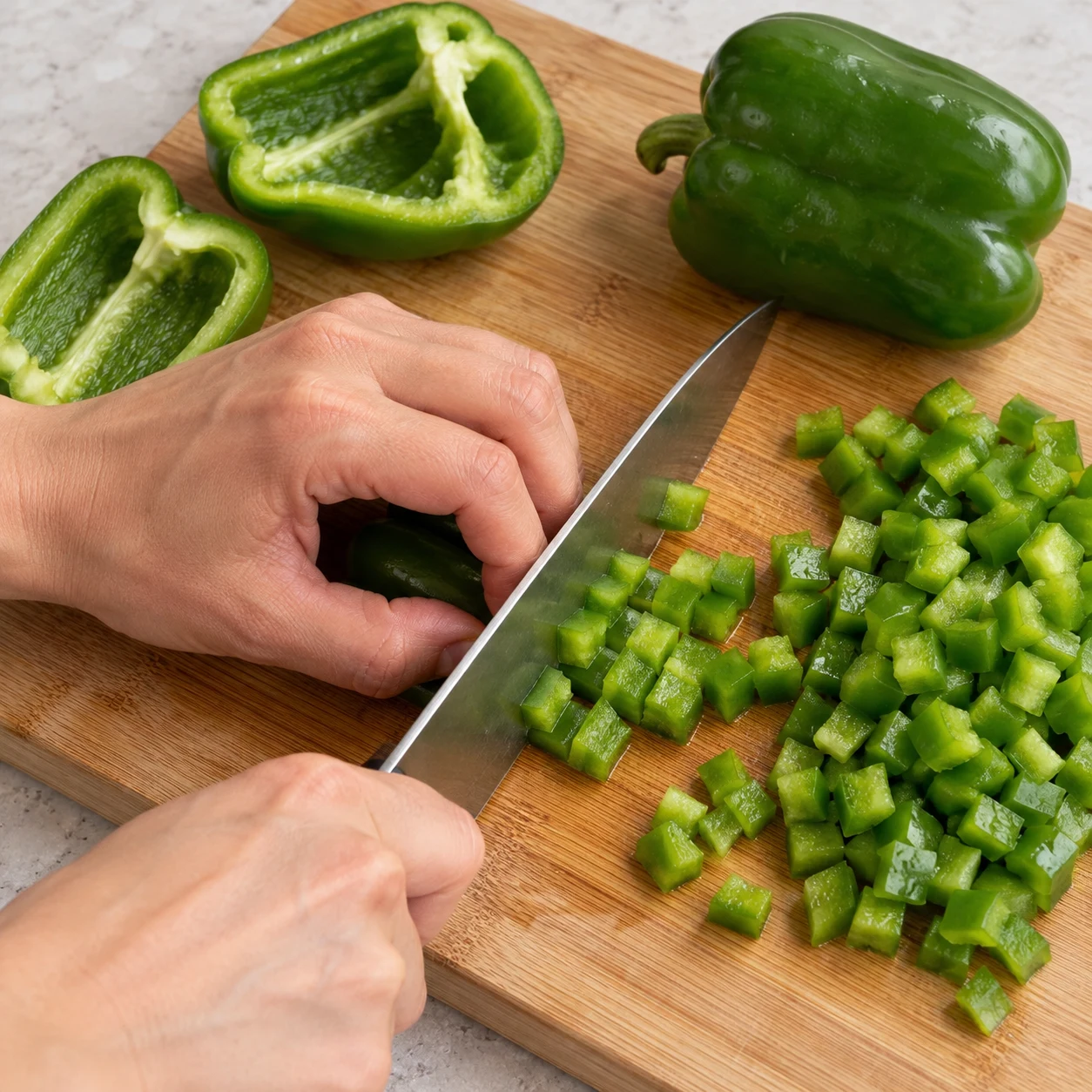 Couper les poivrons verts. La chair verte est découpée en petits dés.