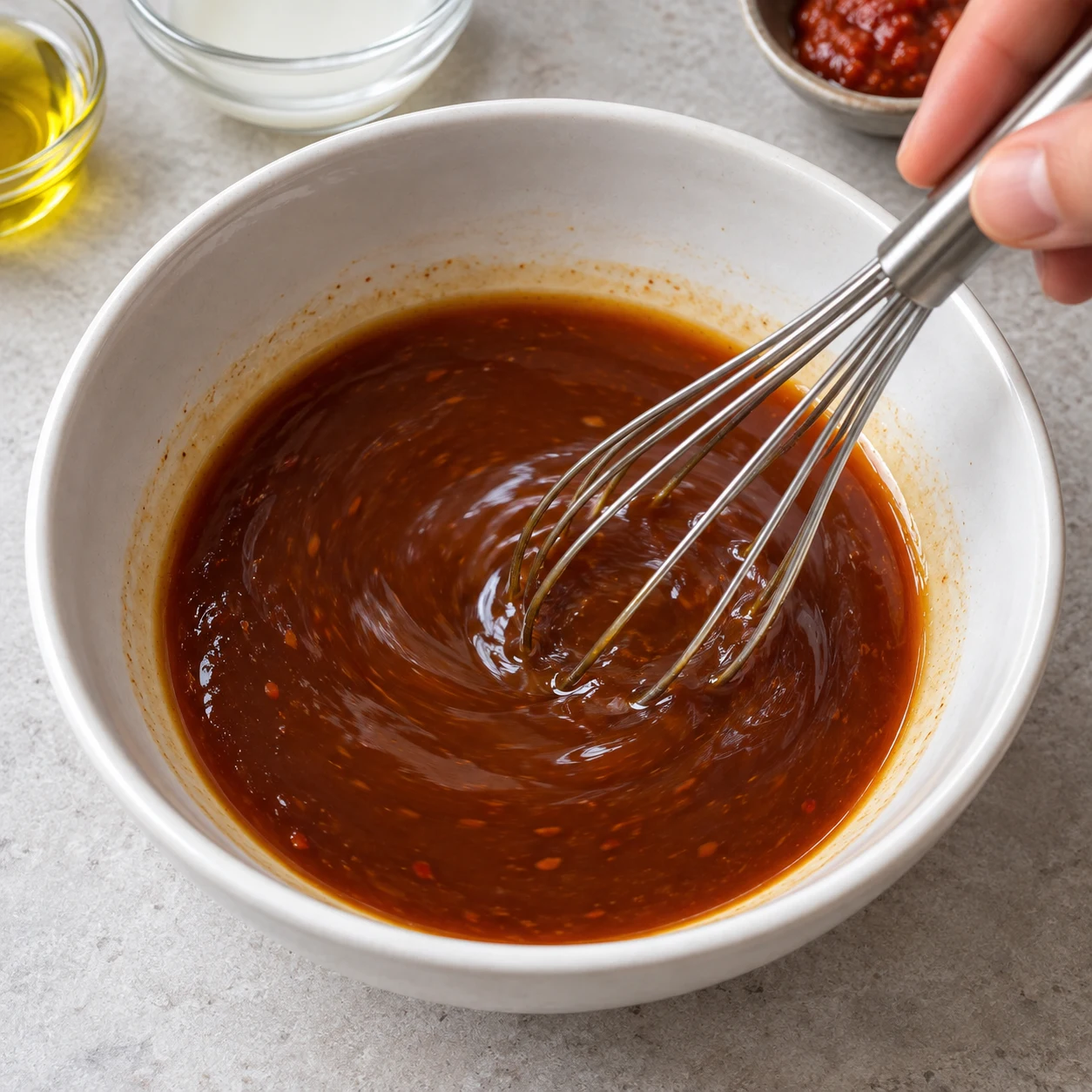 Bol de sauce liquide avec incorporation de fécule diluée.