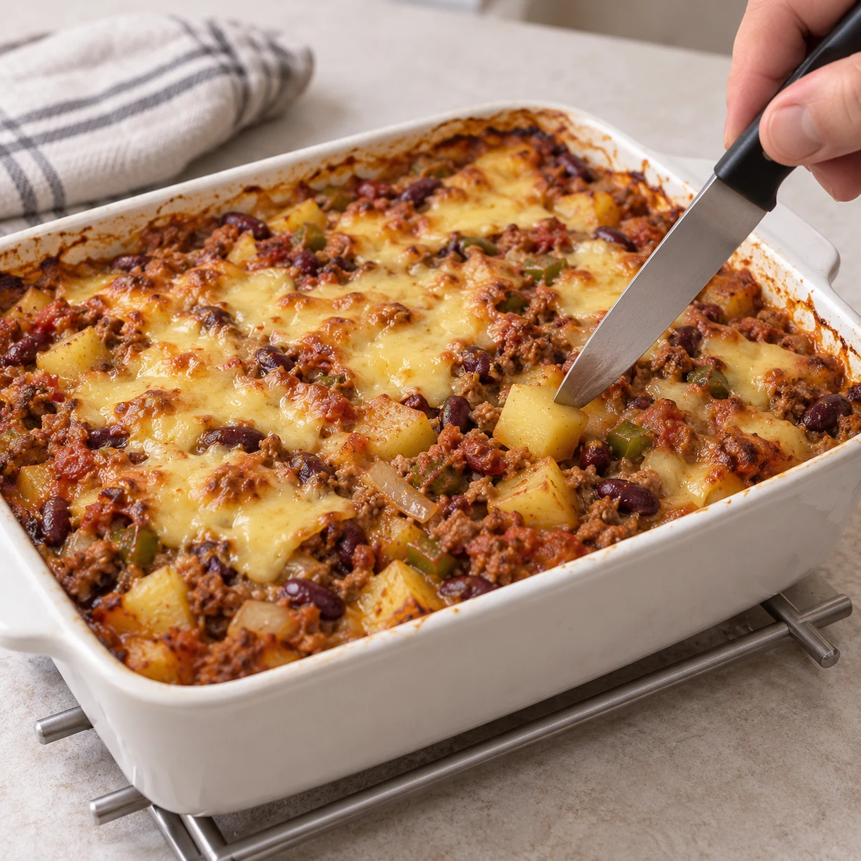 Cuire le gratin : Les pommes de terre sont tendres et la préparation est chaude ; le dessus est fondu. Ingrédients visibles exclusivement : Haché végétal de soja cuisiné, Pommes de terre, Oignon émincé, Ail, Poivron vert en dés, Haricots rouges en conserve, égouttés, Tomates concassées, Yaourt de soja nature, Tranchettes végétales sans soja, Huile d’olive, Sel, Poivre noir moulu, Cumin moulu, Paprika moulu, Piment en poudre.