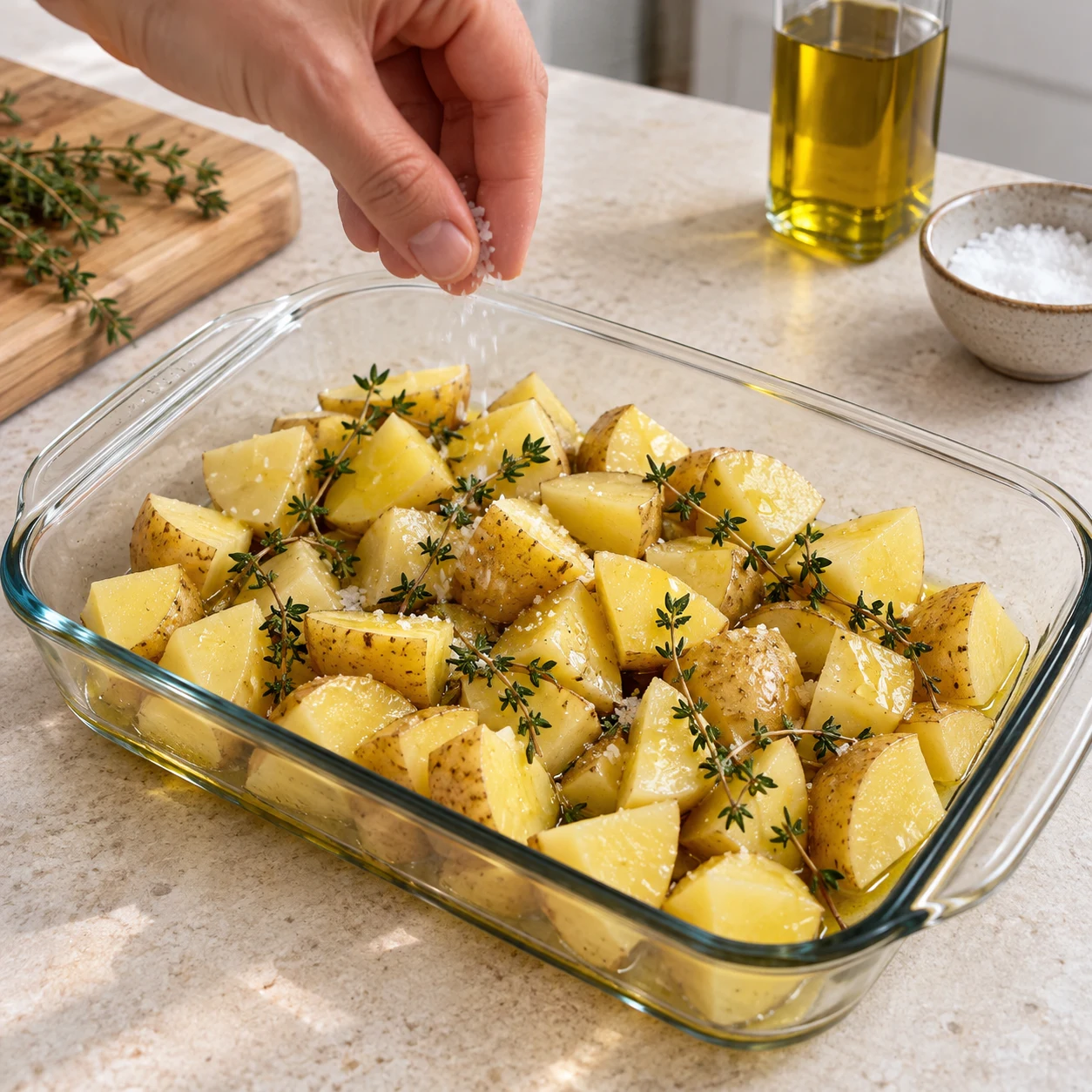 Cubes de pommes de terre crus avec peau, légèrement huilés et assaisonnés au thym dans un plat en verre.
