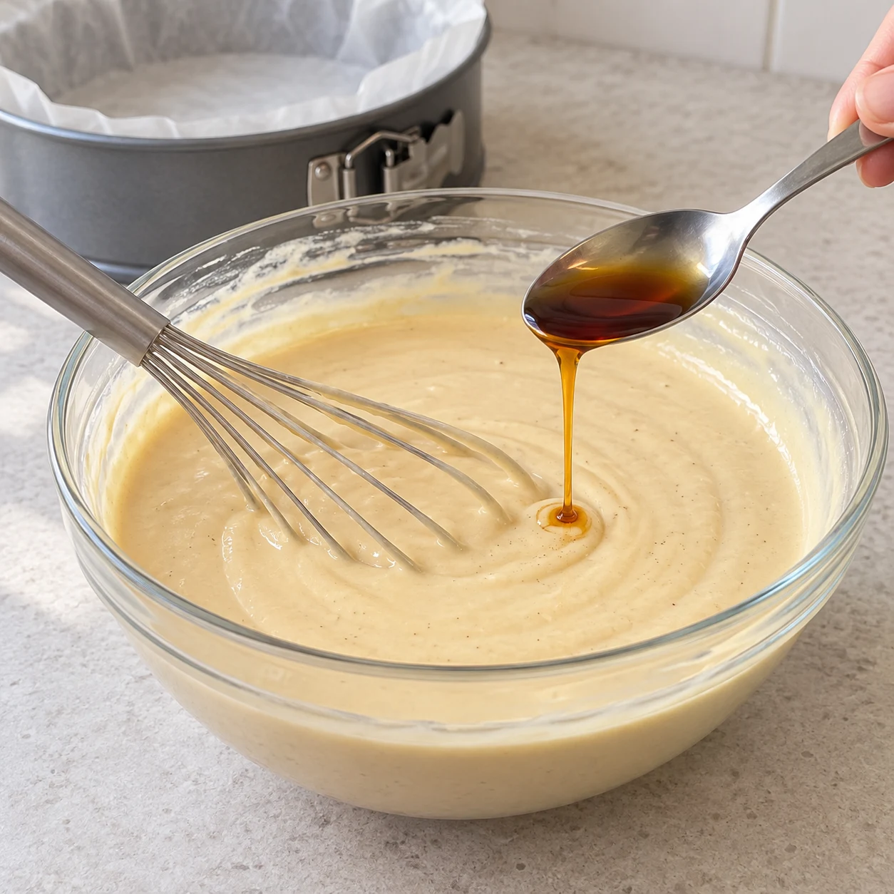 Une cuillère verse le liquide vanille dans la crème végétale beige. Aucun emballage.