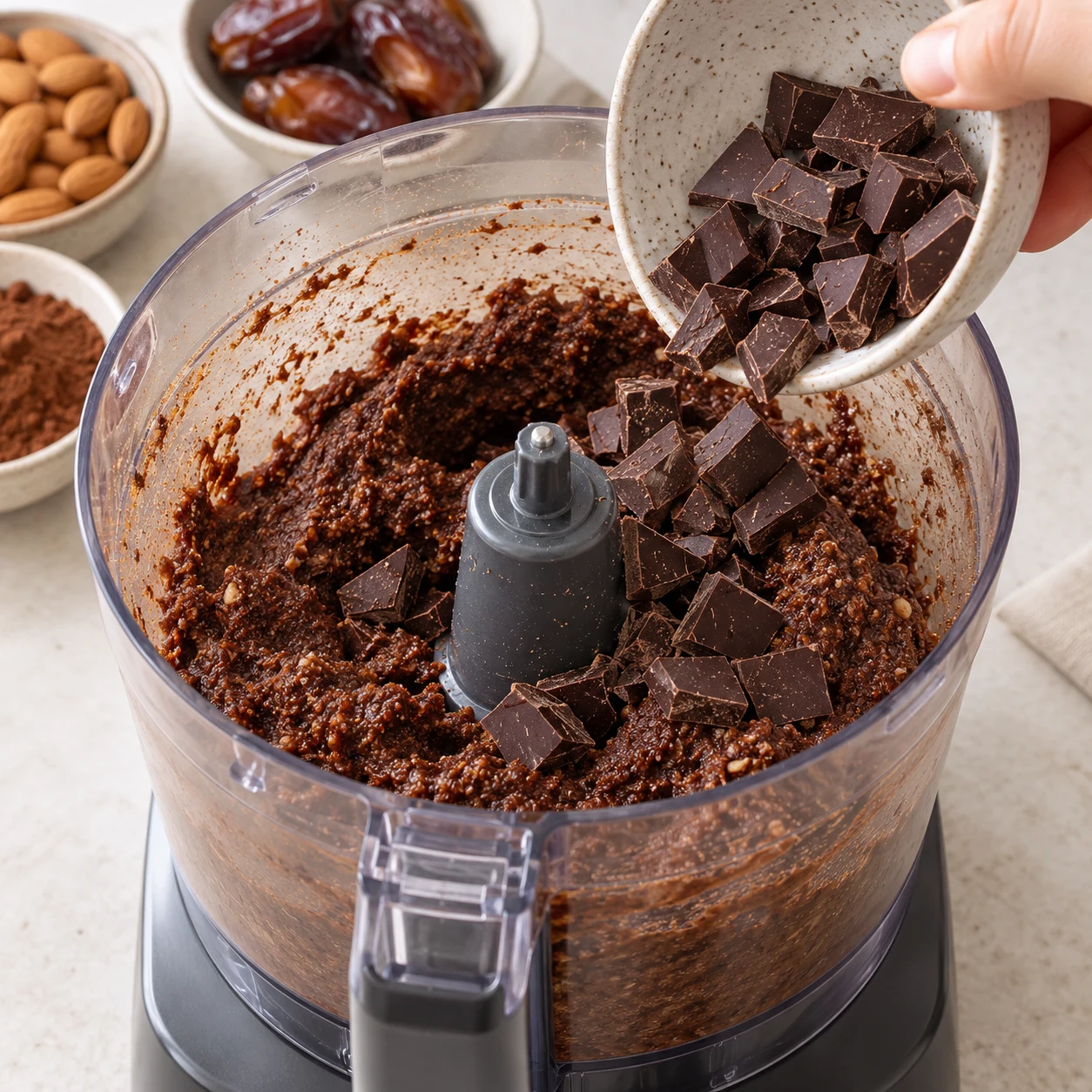 Cuve arrêtée ouverte avec une pâte sombre et du chocolat noir ajouté en morceaux.