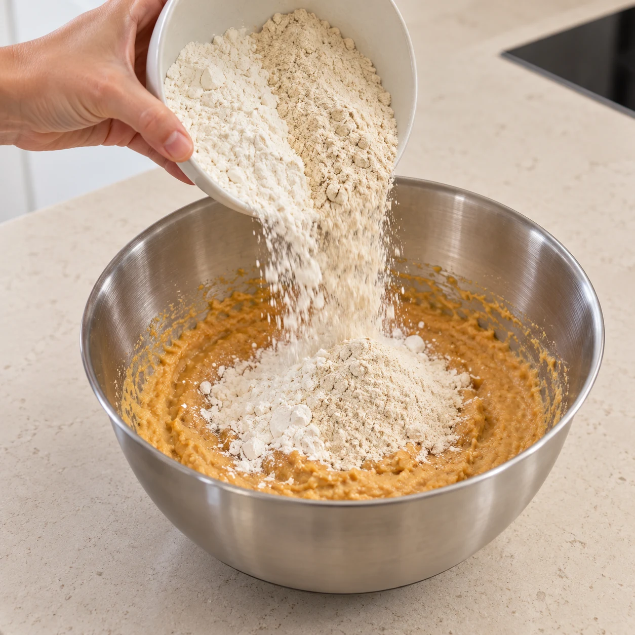 Ajoute les 75 g de farine de blé et les 130 g de gluten de blé au mélange de pois chiches. Montrer une seule phase, les ingrédients seuls et, si nécessaire, des mains anonymes.