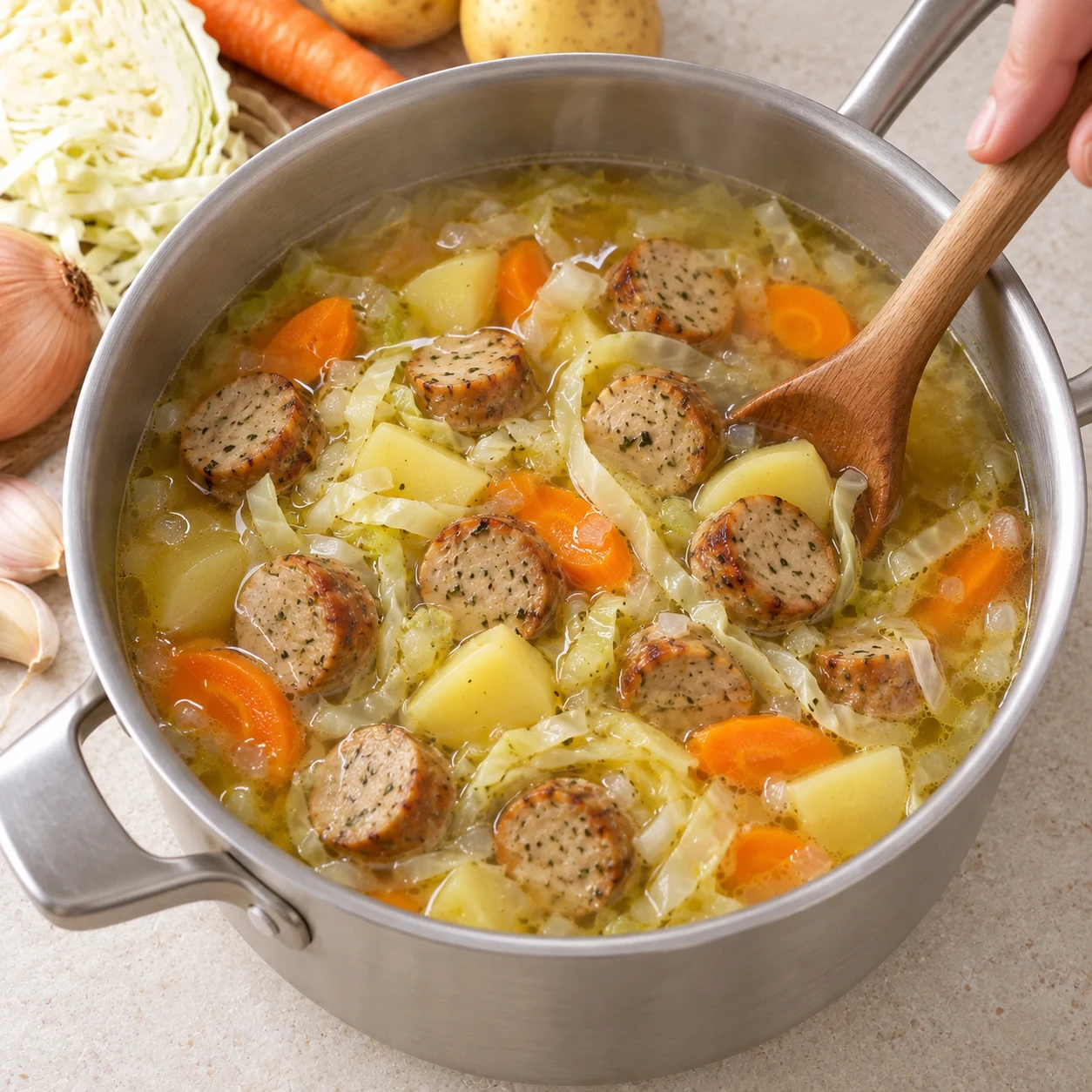 Rondelles de chipolatas végétales ajoutées à la soupe.
