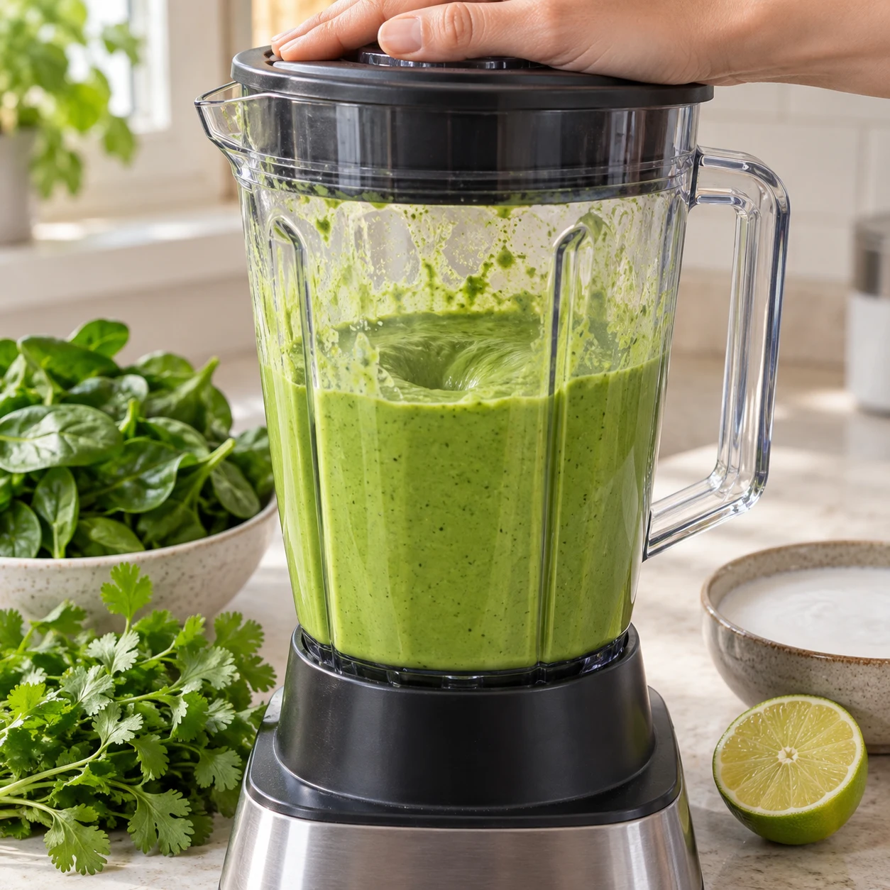 Une seule photo réaliste montrant cette action et son résultat : Mixez les deux grosses poignées d’épinards, le bouquet de coriandre en gardant quelques feuilles pour servir, les 250 g de lait de coco et le jus du demi-citron, jusqu’à obtenir une crème verte lisse. Cette réalisation suit l’option sans jalapeño. La crème verte est lisse, sans grosses feuilles intactes. Seulement les ingrédients visibles de cette étape. Mains adultes anonymes si nécessaires, geste sûr.