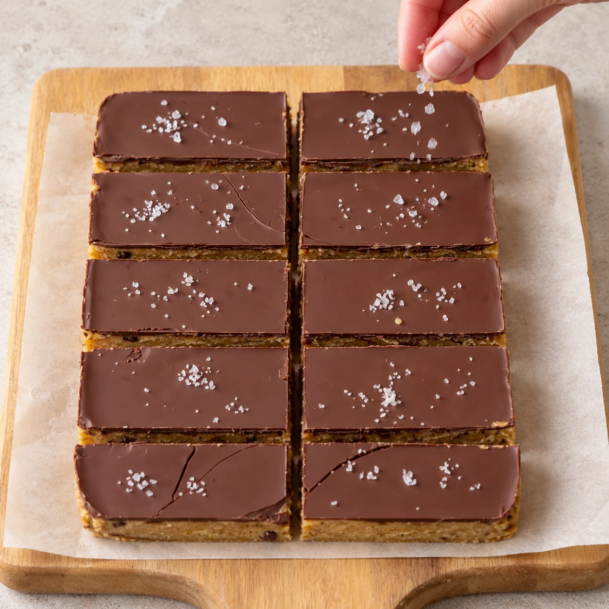 Ajoute un peu de fleur de sel sur les barres pour le service. État à montrer : Quelques cristaux sont répartis sur le chocolat des barres.