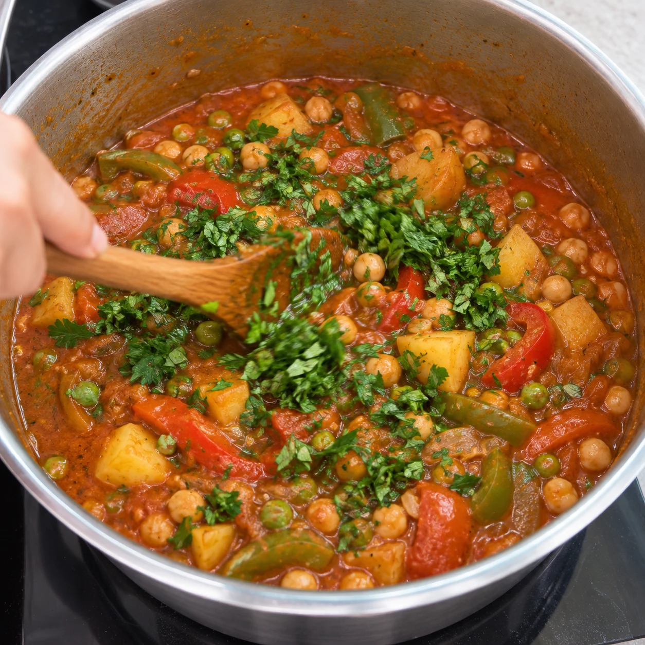 Une seule action : Ajouter le persil. Le persil est réparti dans le ragoût. Version végétale aux pois chiches, aucune viande, aucun seitan, aucun tofu.