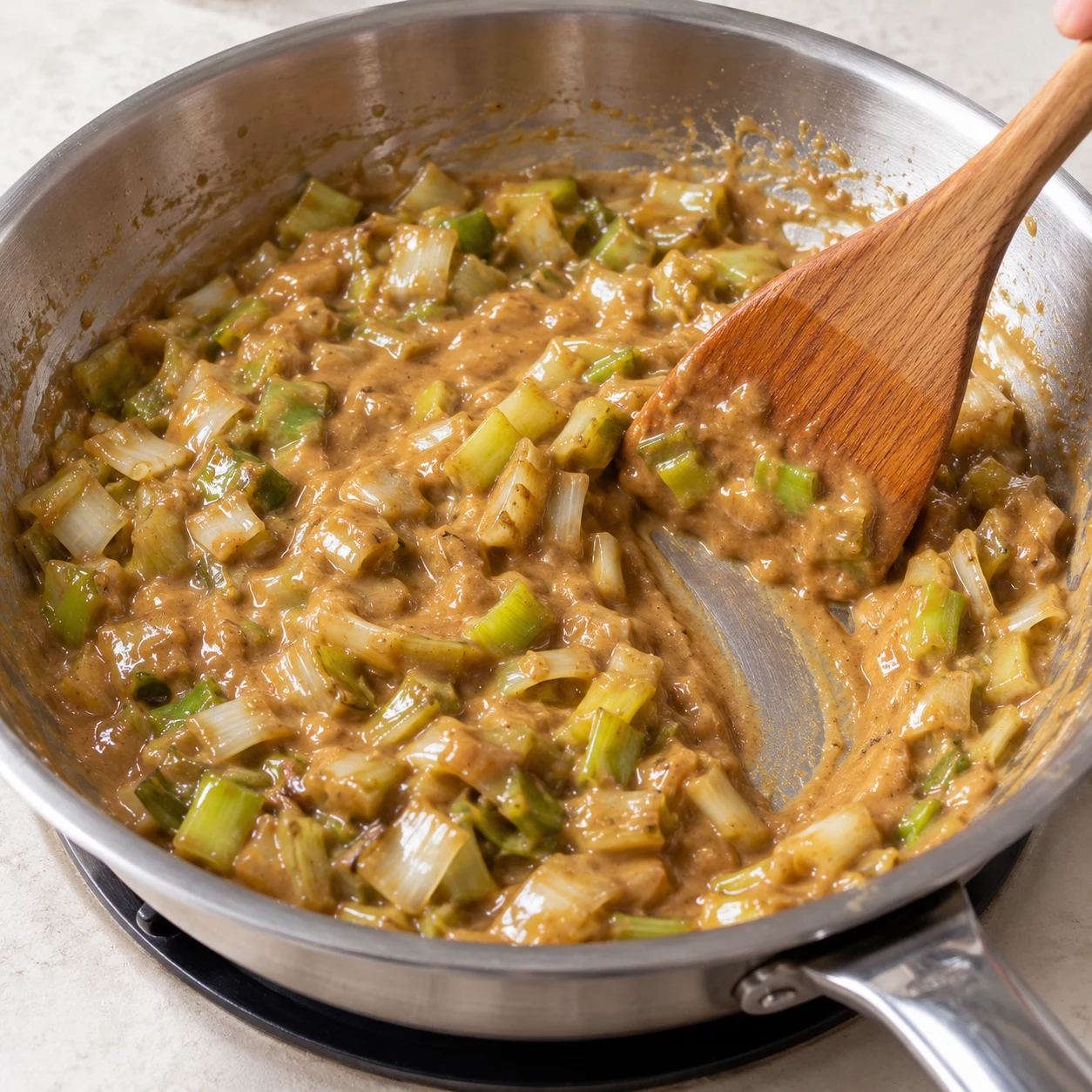 Sauce beige à la cacahuète versée sur le poireau fondant dans la poêle.
