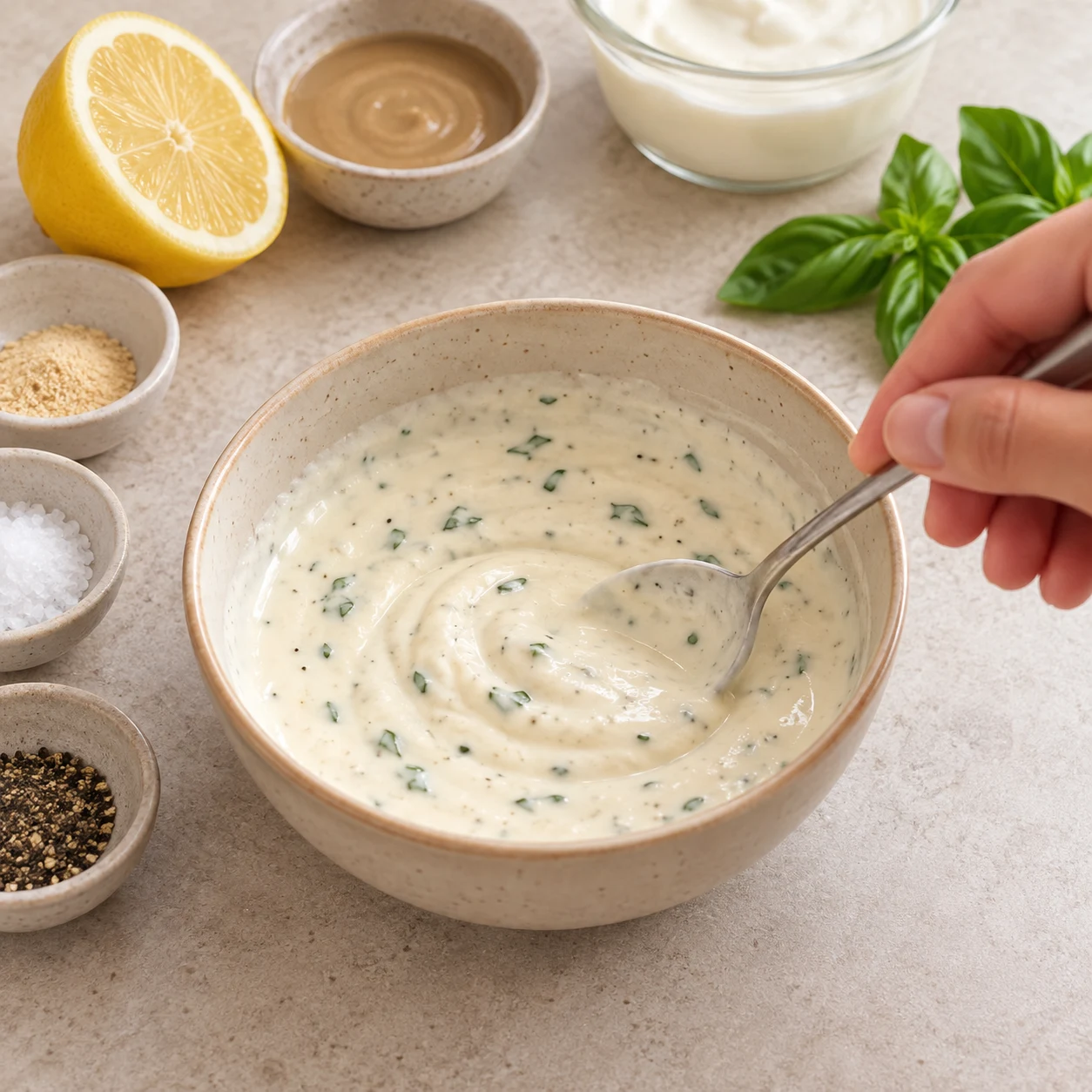 Sauce blanche au basilic mélangée dans un petit bol.