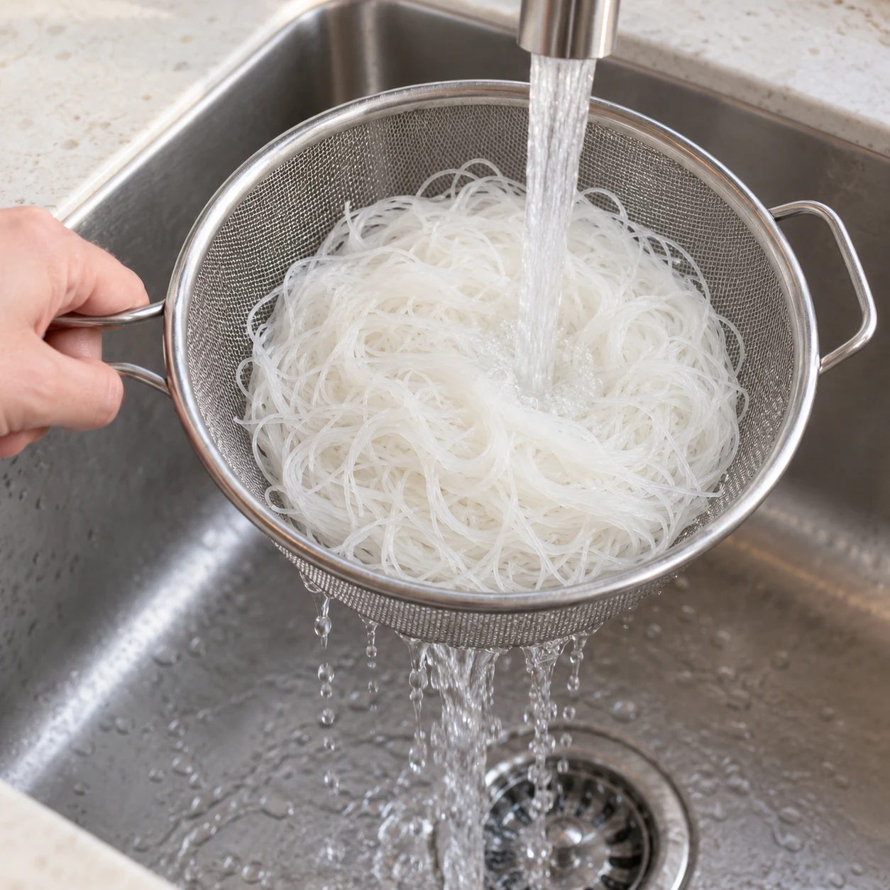 Une seule action : Refroidir les vermicelles. Les vermicelles sont froids et aucune eau ne s’accumule sous eux. Seulement Vermicelles de riz secs. Toute enveloppe est de la laitue verte opaque. Supprimer toute feuille de riz et toute crevette de la capture de référence.