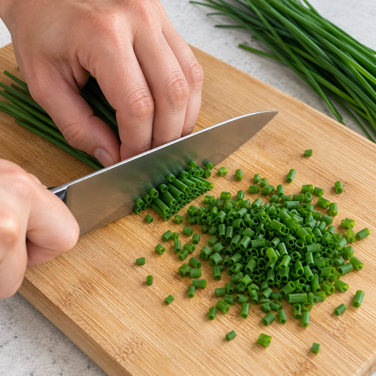 Couper la ciboulette seule sur une planche.