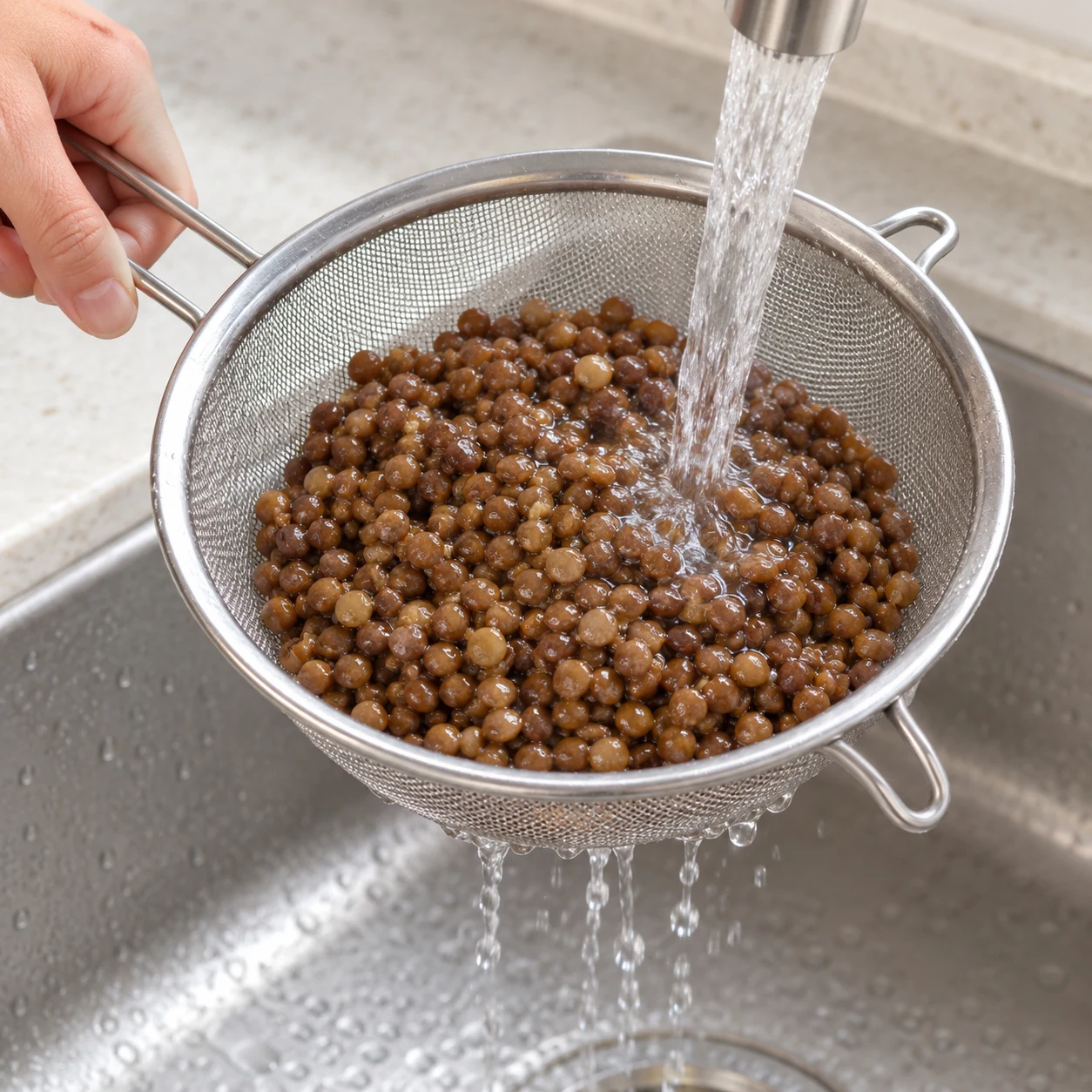 Passoire avec lentilles brunes cuites nature égouttées, main adulte anonyme faisant couler de l’eau.