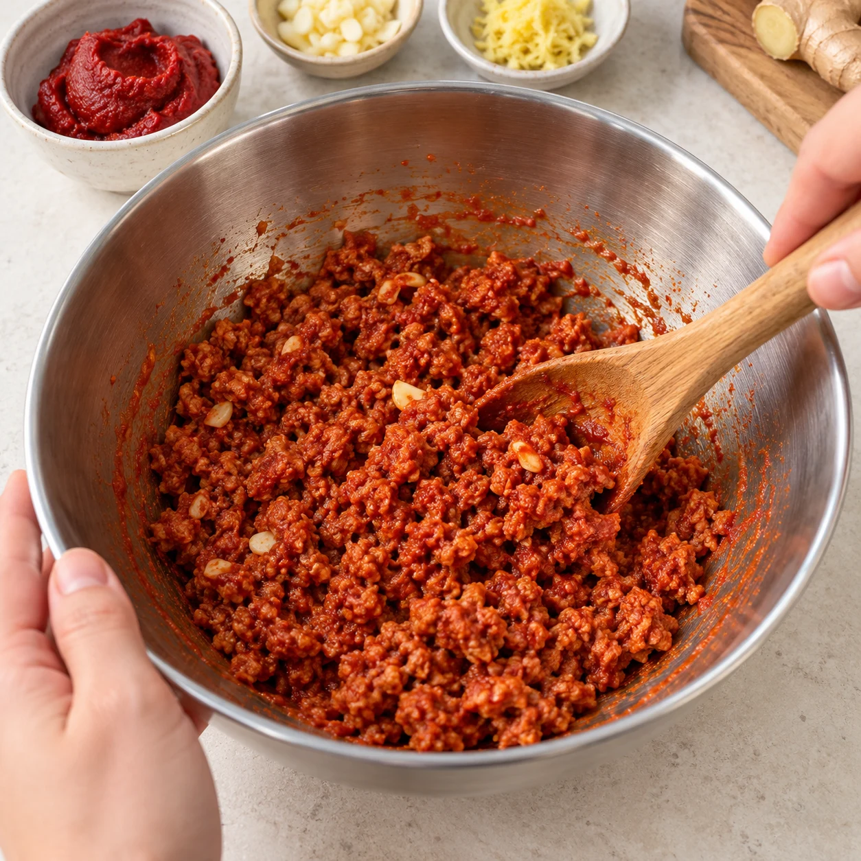 Ajoute les 350 g de haché végétal de soja déjà hydraté dans la marinade et mélange pour l’enrober.