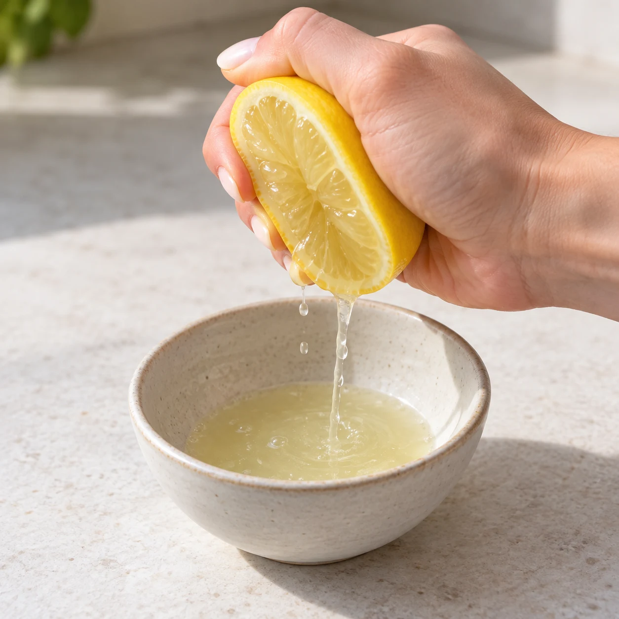 Main anonyme pressant un demi-citron jaune au-dessus d’un petit bol neutre, jus transparent, aucun autre aliment visible.