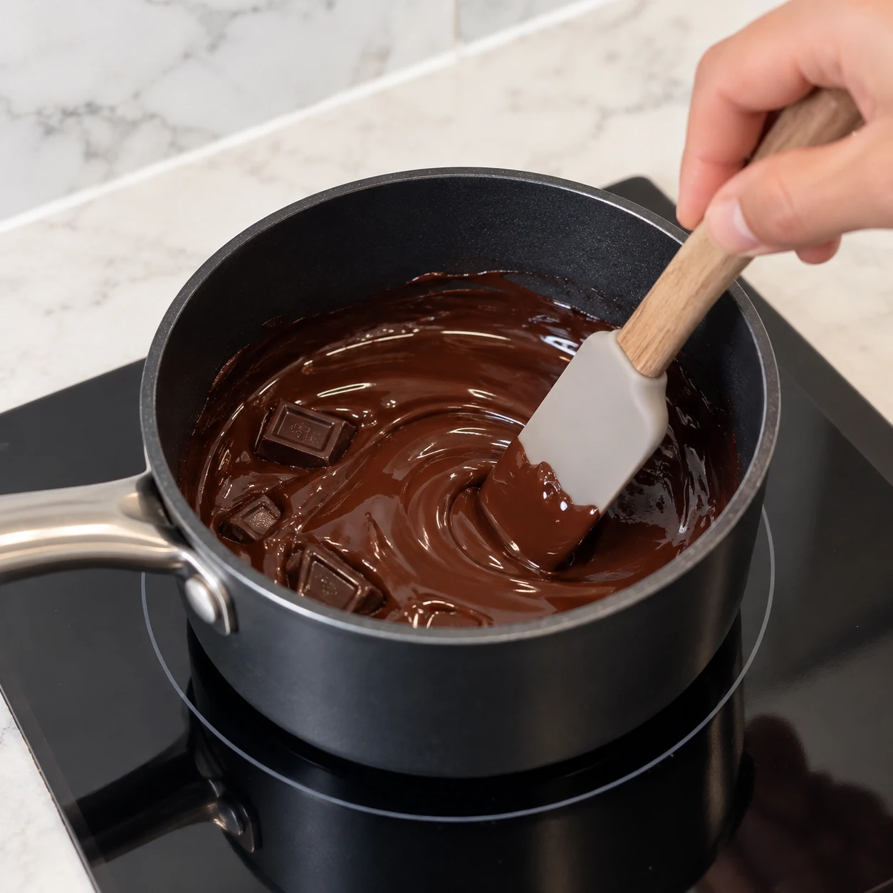 Petite casserole contenant chocolat noir presque fondu, main remuant doucement.