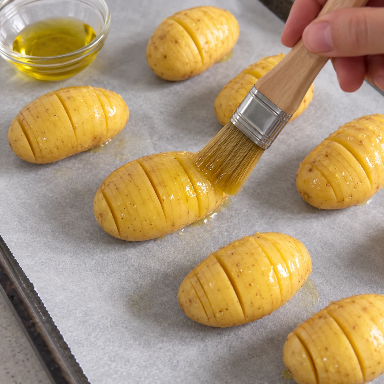 Pinceau appliquant une fine couche d’huile sur les pommes de terre crues entaillées.