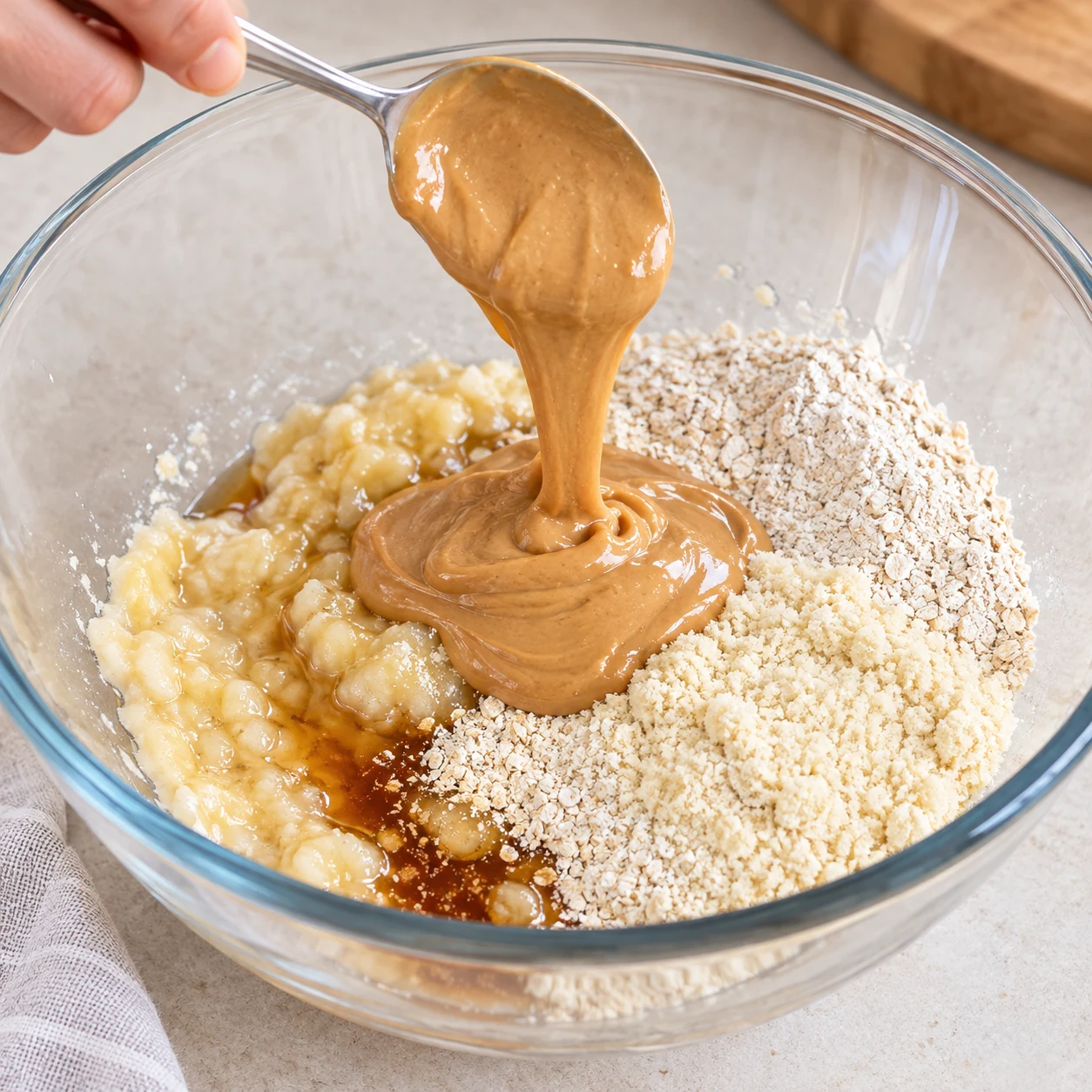 Beurre de cacahuète fluide ajouté à la base banane, poudres et érable.