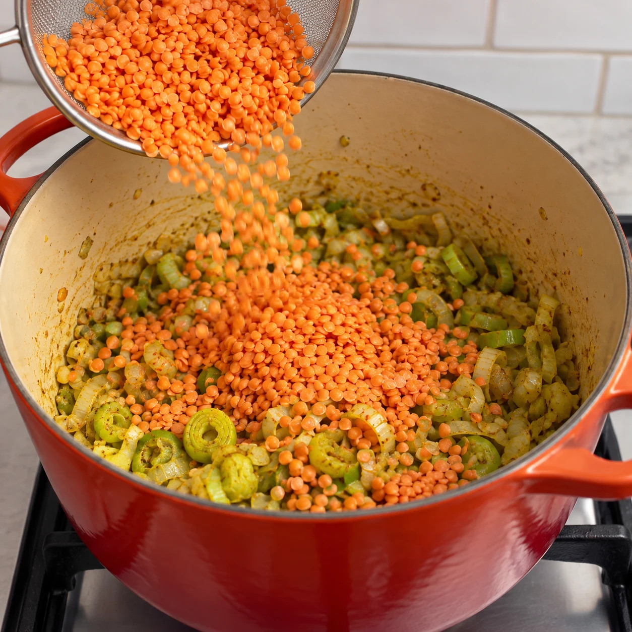 Une seule photo réaliste montrant cette action et son résultat : Ajoutez les lentilles corail rincées dans la cocotte avec les légumes épicés. Les lentilles corail sont réparties dans la cocotte. Seulement les ingrédients visibles de cette étape. Mains adultes anonymes si nécessaires, geste sûr.