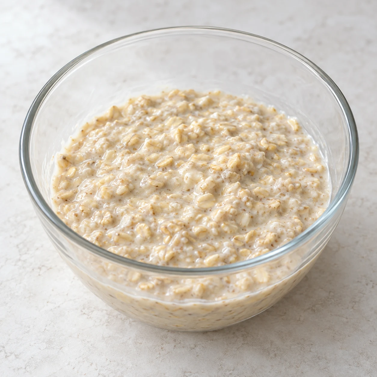 Photographie de cette seule phase : Laisser le porridge d’avoine reposer pendant la préparation des autres composants. La source ne chiffre pas ce premier repos ; les flocons supplémentaires s’hydratent avec les autres. État final : Le mélange repose dans son bol avant le montage. Recette bis : base à l’avoine crémeuse, sans graines de chia ni poudre protéinée. Référence originale pour le montage, adaptation documentée pour les ingrédients.