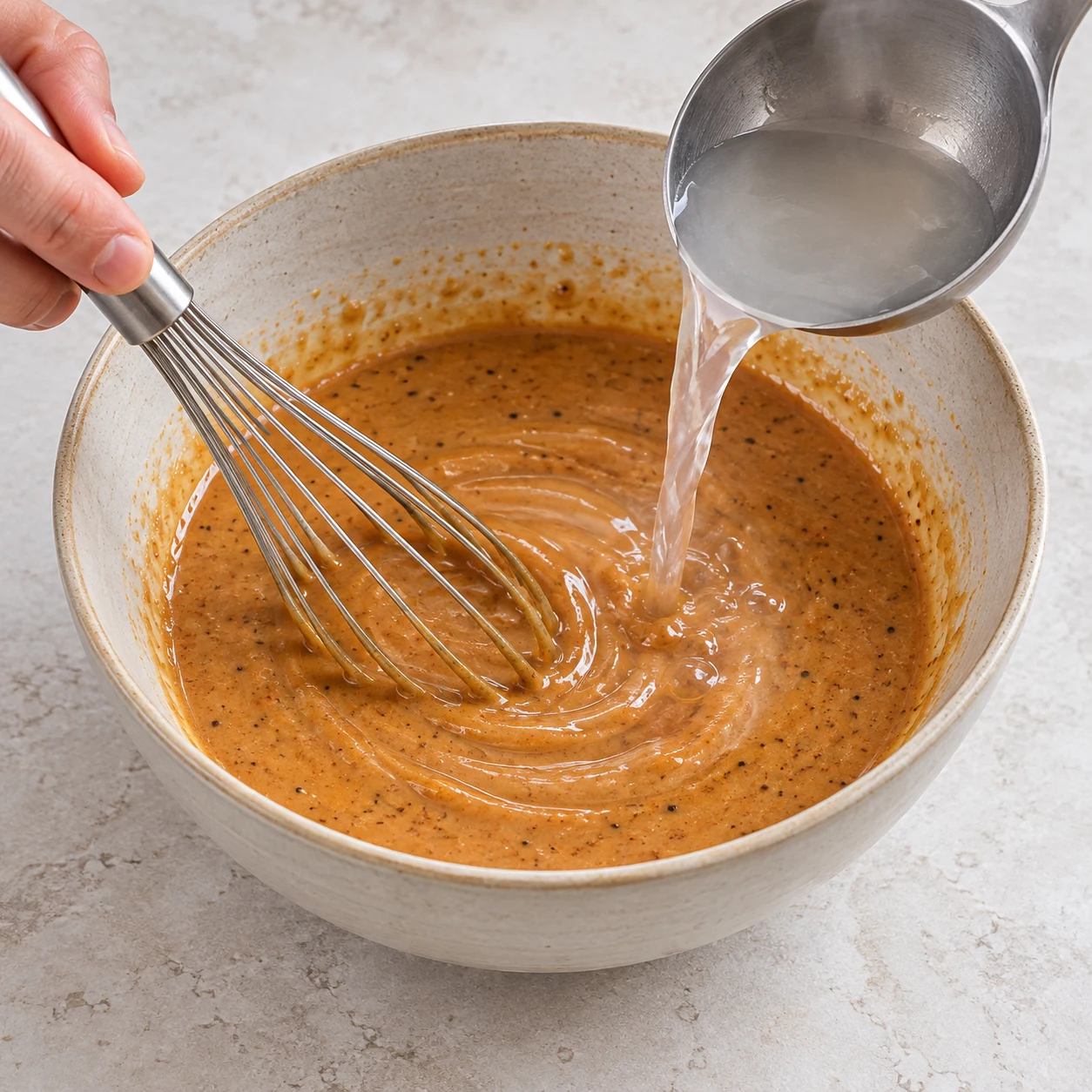 Verse un peu d’eau de cuisson des nouilles dans la sauce et mélange jusqu’à ce qu’elle soit assez fluide pour les enrober. Montrer uniquement les ingrédients de cette étape. Pour le haché : petites miettes de soja cuisiné rouge-brun à la tomate et aux oignons, légèrement humides, jamais viande ni tofu. Huile pimentée liquide sans gros morceaux de piment ; poivre noir moulu, aucune baie de Sichuan. Lumière naturelle claire, pierre pâle, vaisselle neutre, mains adultes anonymes seulement si nécessaires ; aucun texte, visage, vêtement, bijou ni identité de la personne.
