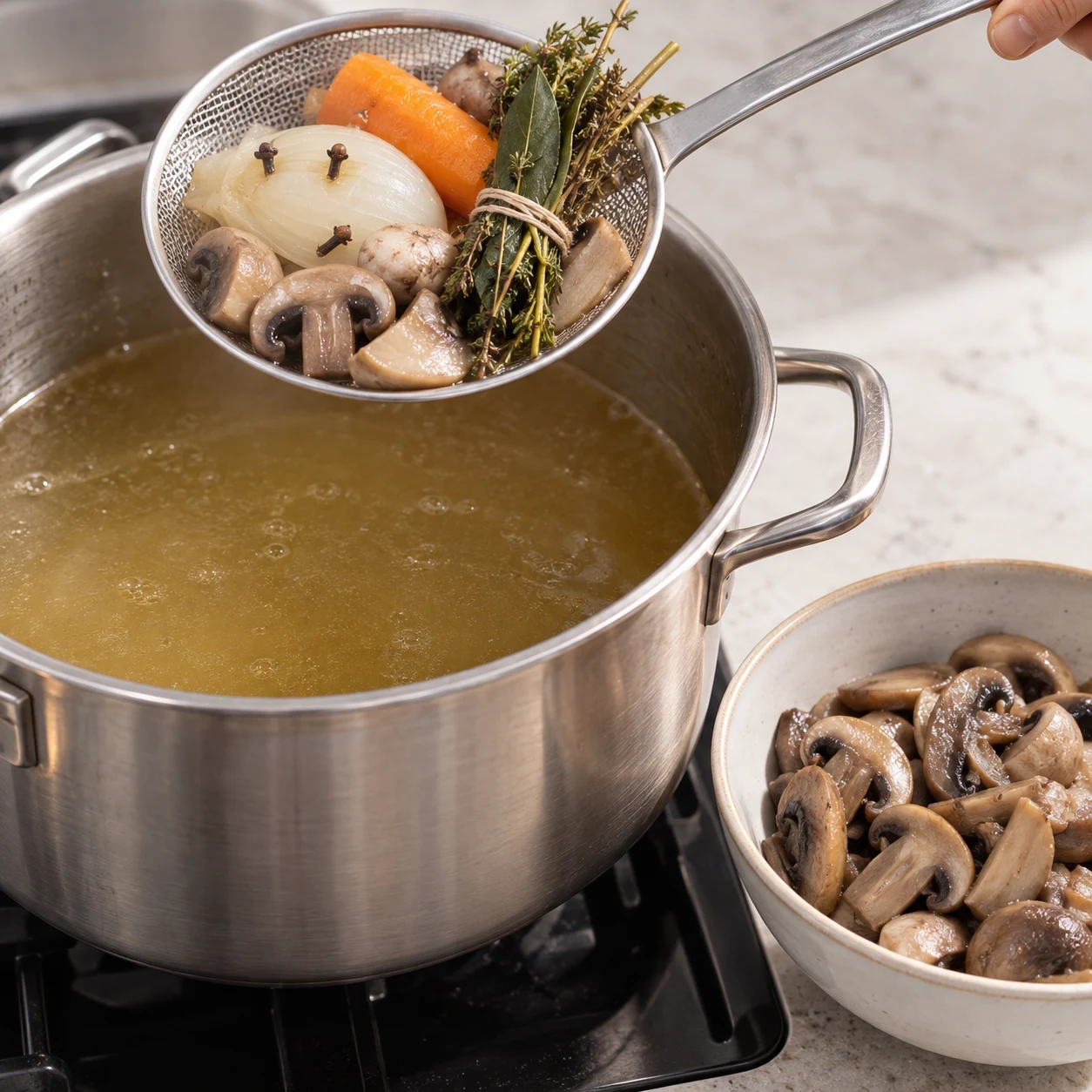 Retirer les garnitures du bouillon : Retire les garnitures avec une écumoire. Réserve les champignons pour le montage. Retire le bouquet garni et les clous de girofle. La carotte et le demi-oignon ont servi à parfumer le bouillon. Repère final : Le bouillon ne contient plus de garnitures solides et les champignons sont réservés.