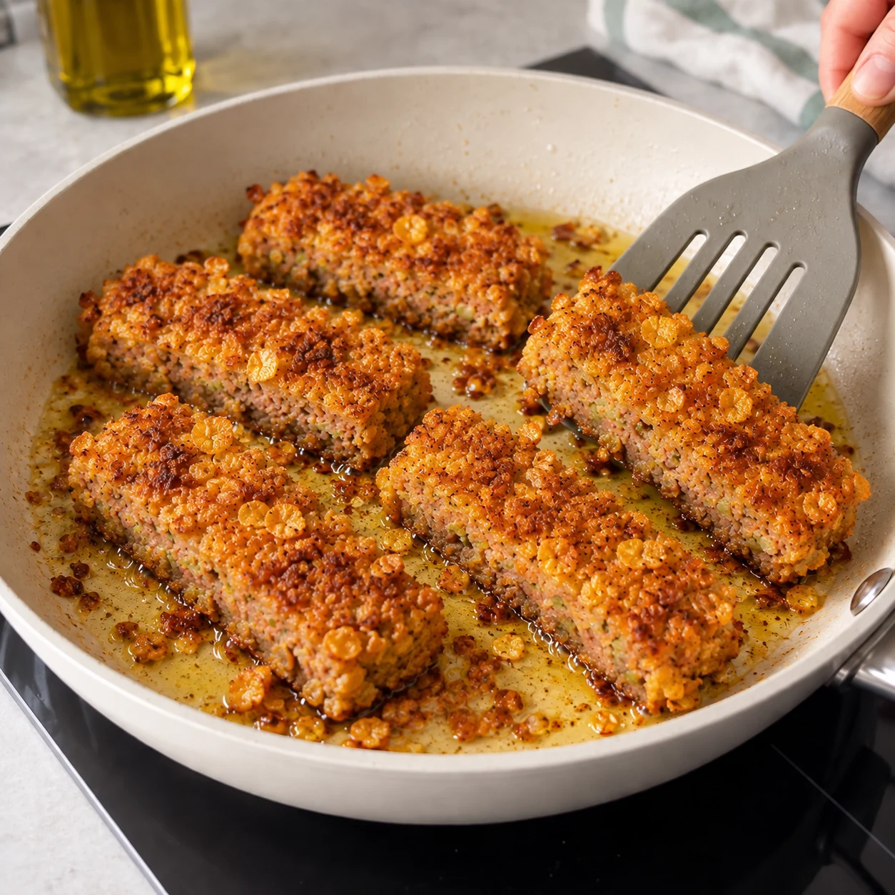 Morceaux larges de steak végétal panés aux corn flakes et dorés dans une poêle claire.