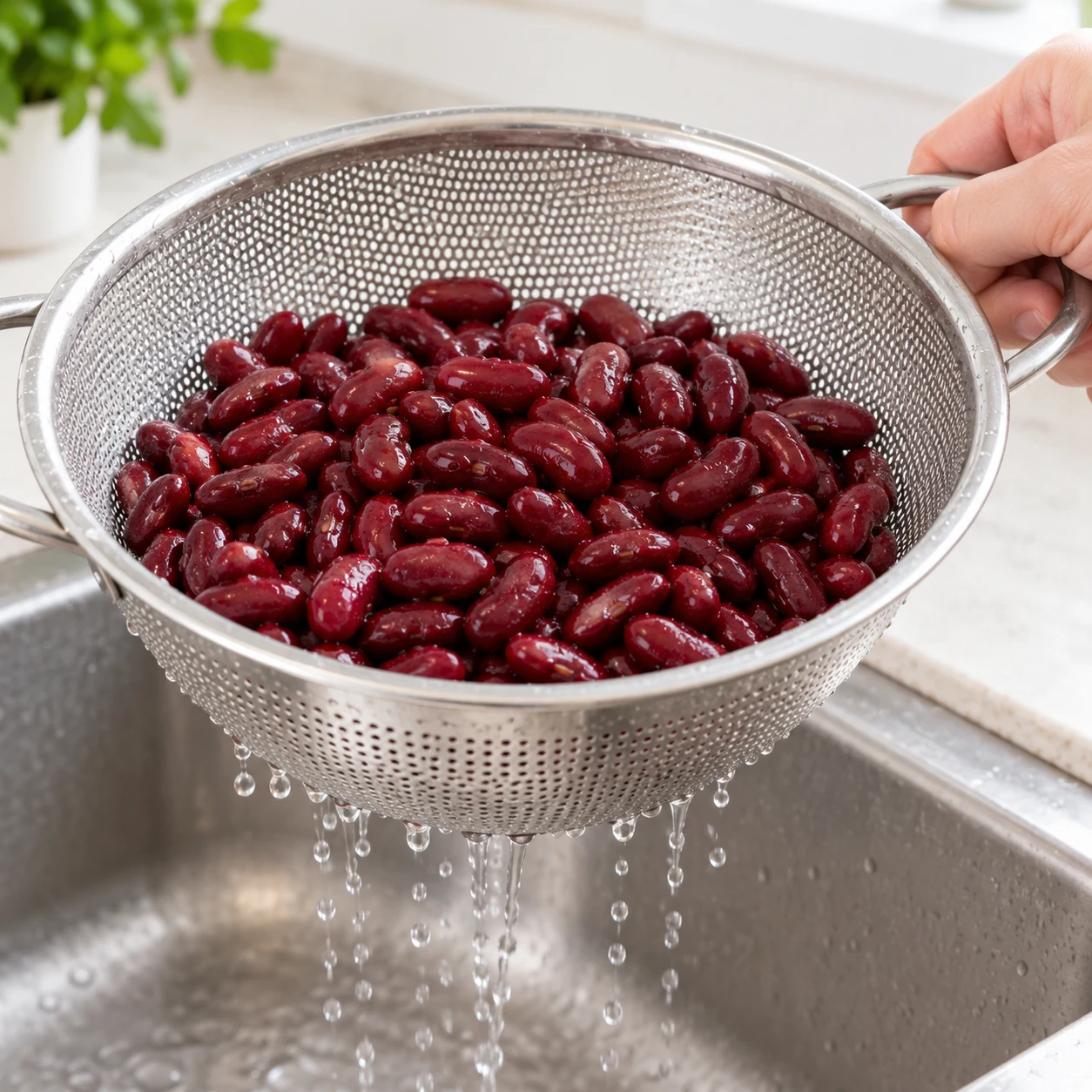 Égoutter les haricots rouges : haricots rouges entiers cuits dans une passoire, aucune betterave ni sauce.