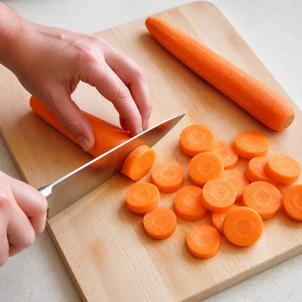 Carottes fraîches coupées en rondelles régulières sur une planche claire, couteau posé en sécurité.