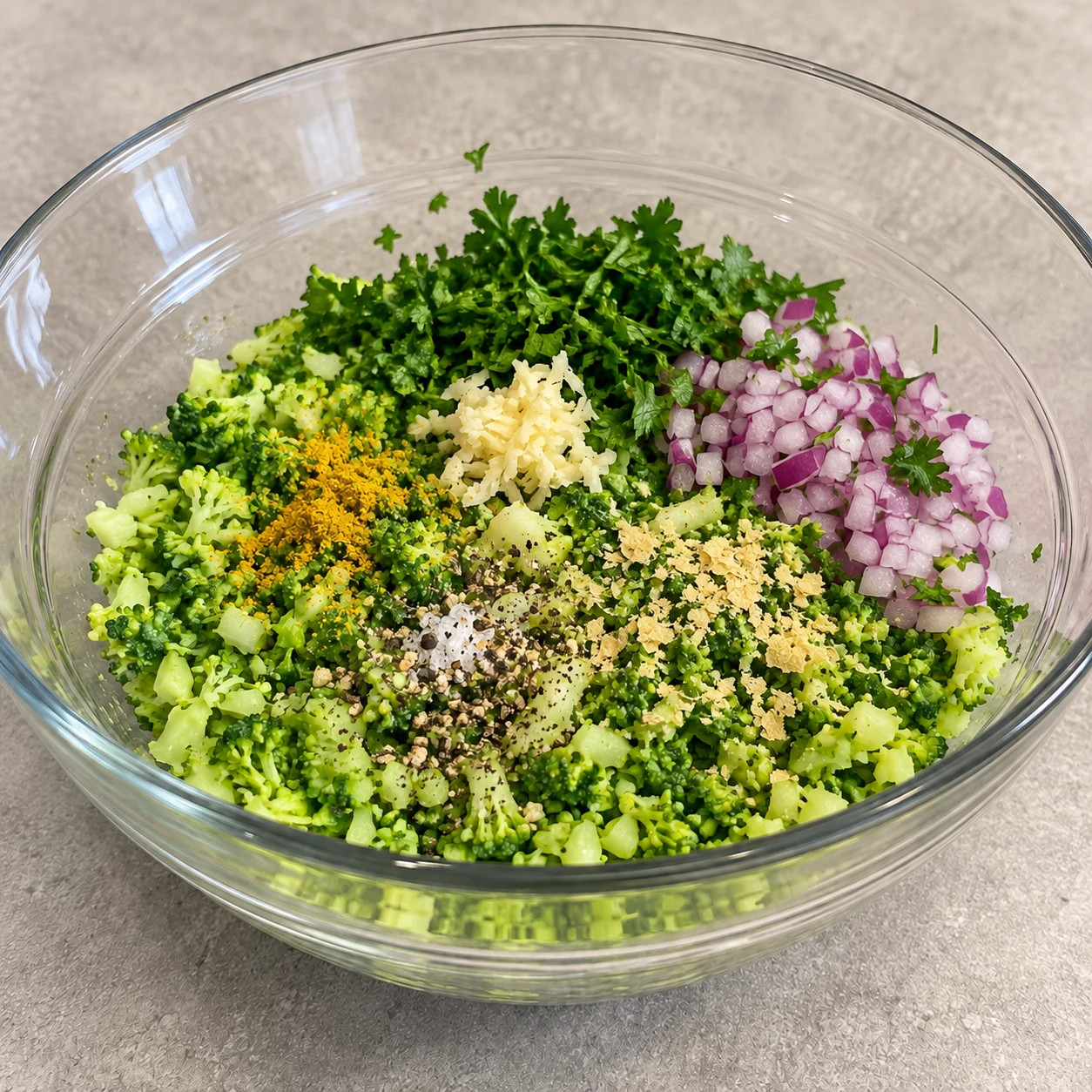 Saladier avec brocoli haché, petits dés oignon rouge, persil, ail fin, poudre curry et levure en paillettes ; pas de farine.