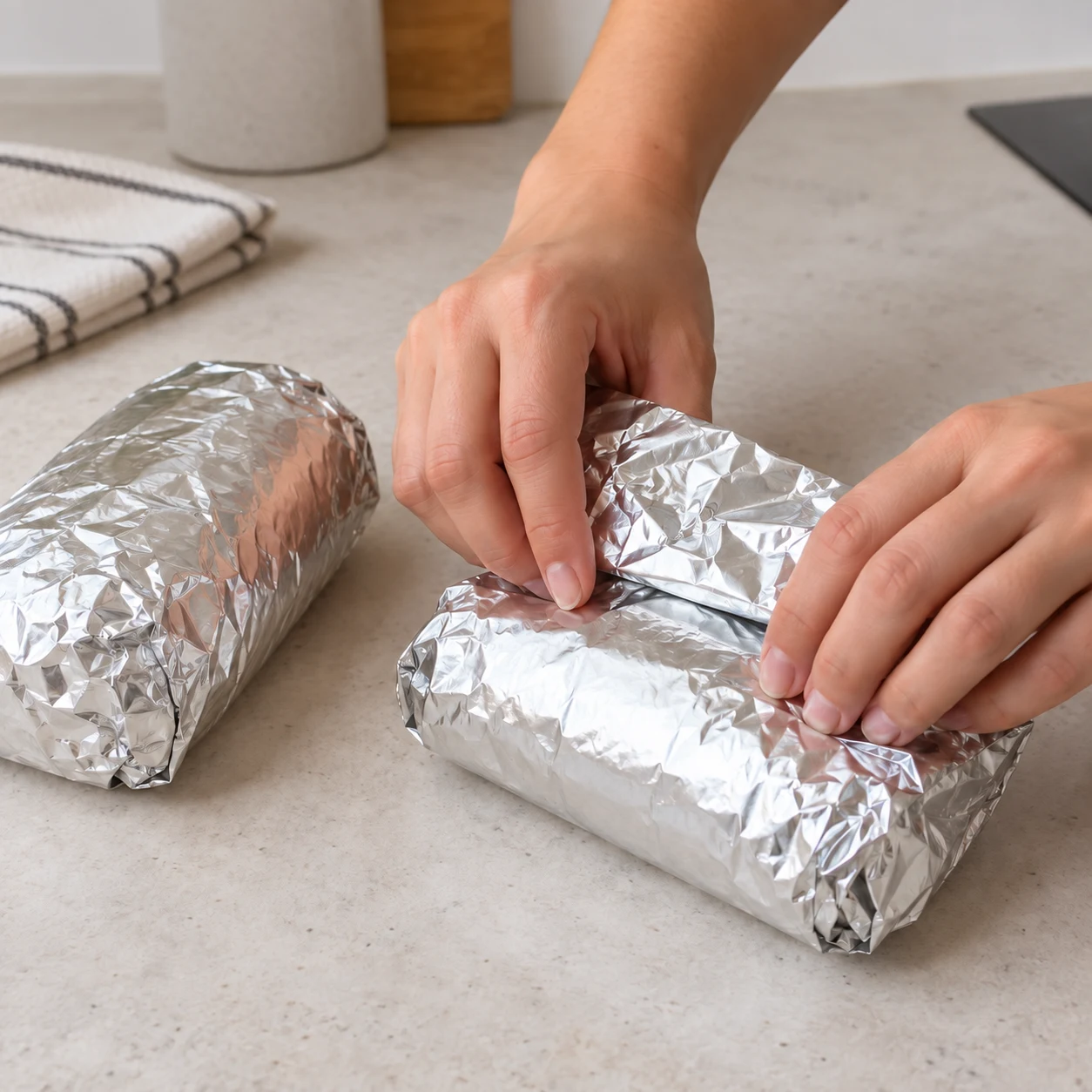 Mains anonymes emballant un burrito roulé dans du papier aluminium, aucun logo.
