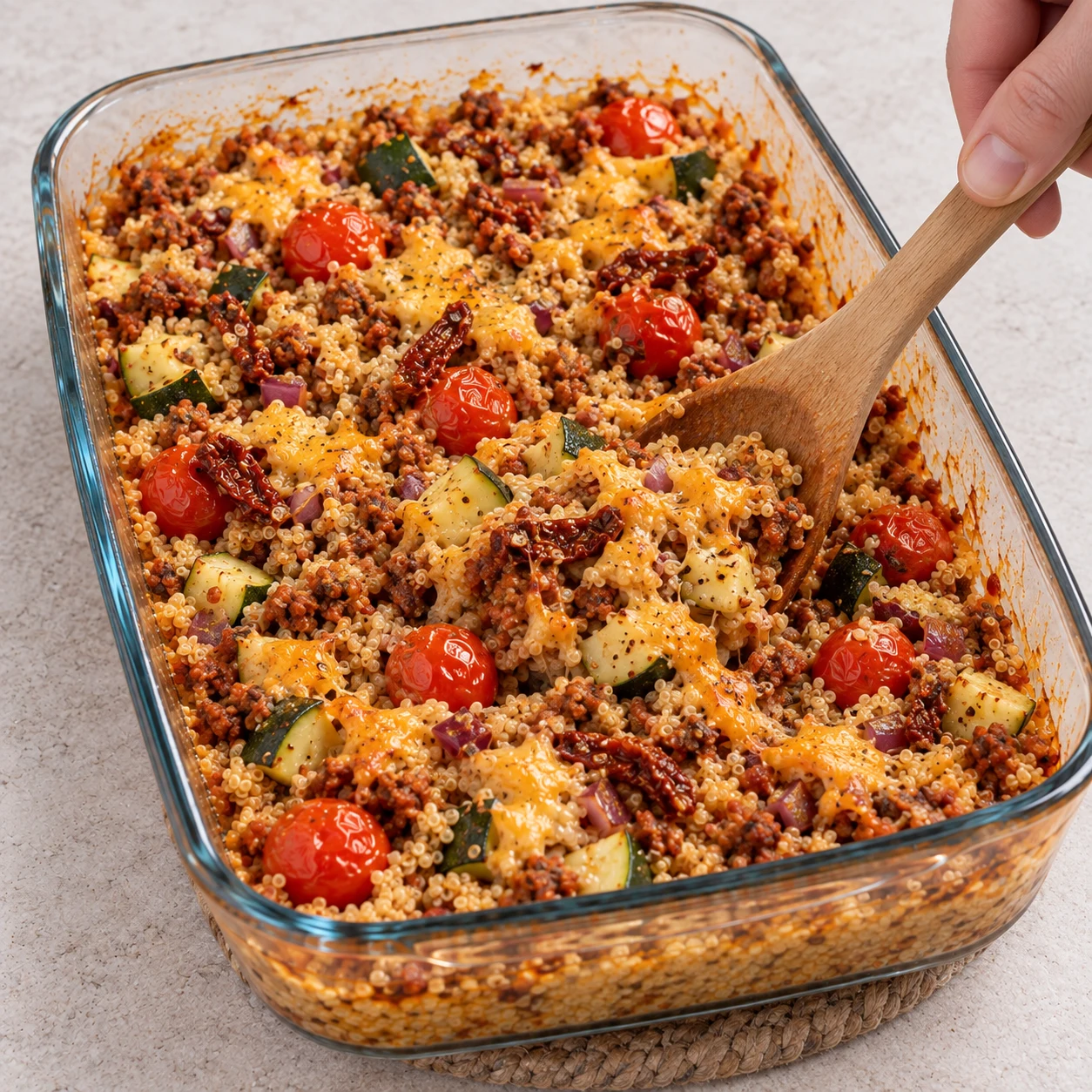 Mélange légèrement le gratin avant de servir en quatre portions. Montrer uniquement les ingrédients déjà introduits ; cadrage rapproché, mains anonymes si utiles.