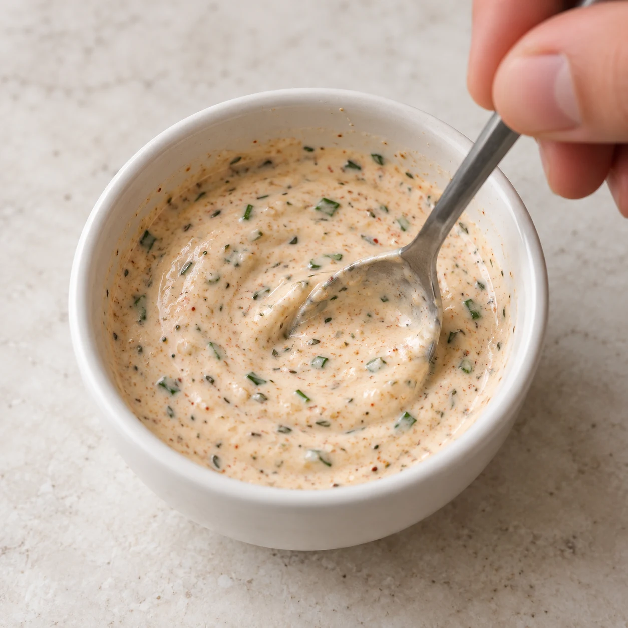 Mains anonymes mélangeant dans un petit bol blanc la sauce au yaourt de soja, moutarde, jus de citron, ail, paprika, chili, persil, ciboulette et levure maltée ; la texture est homogène et crémeuse, aucune viande ni fromage animal.