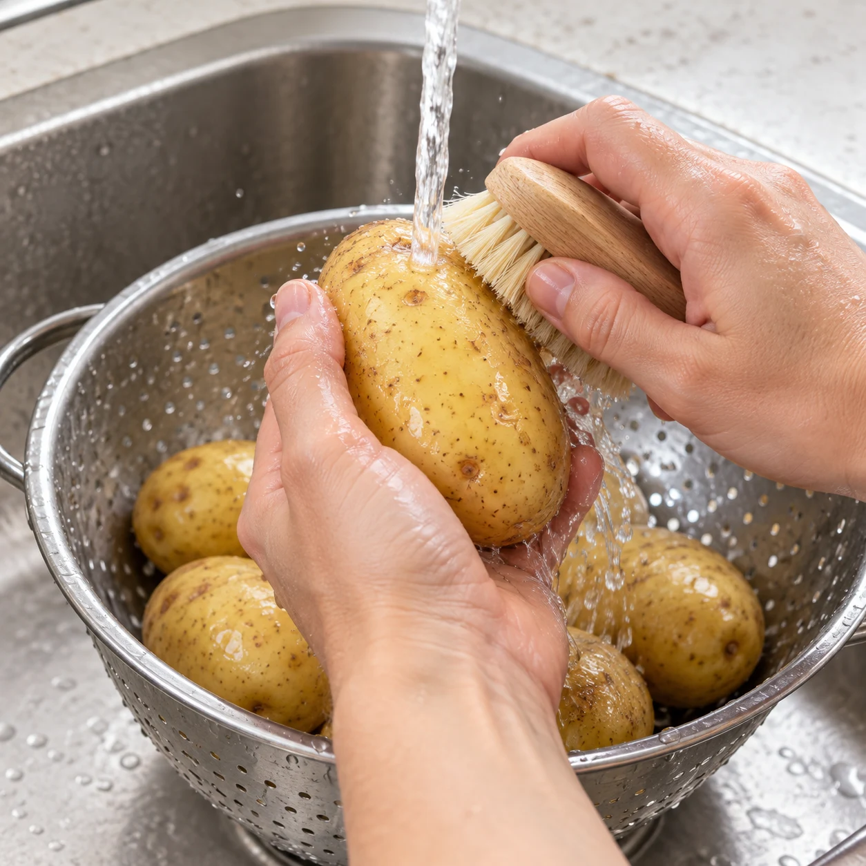 Mains anonymes frottant une pomme de terre entière sous un filet d’eau au-dessus d’une passoire.