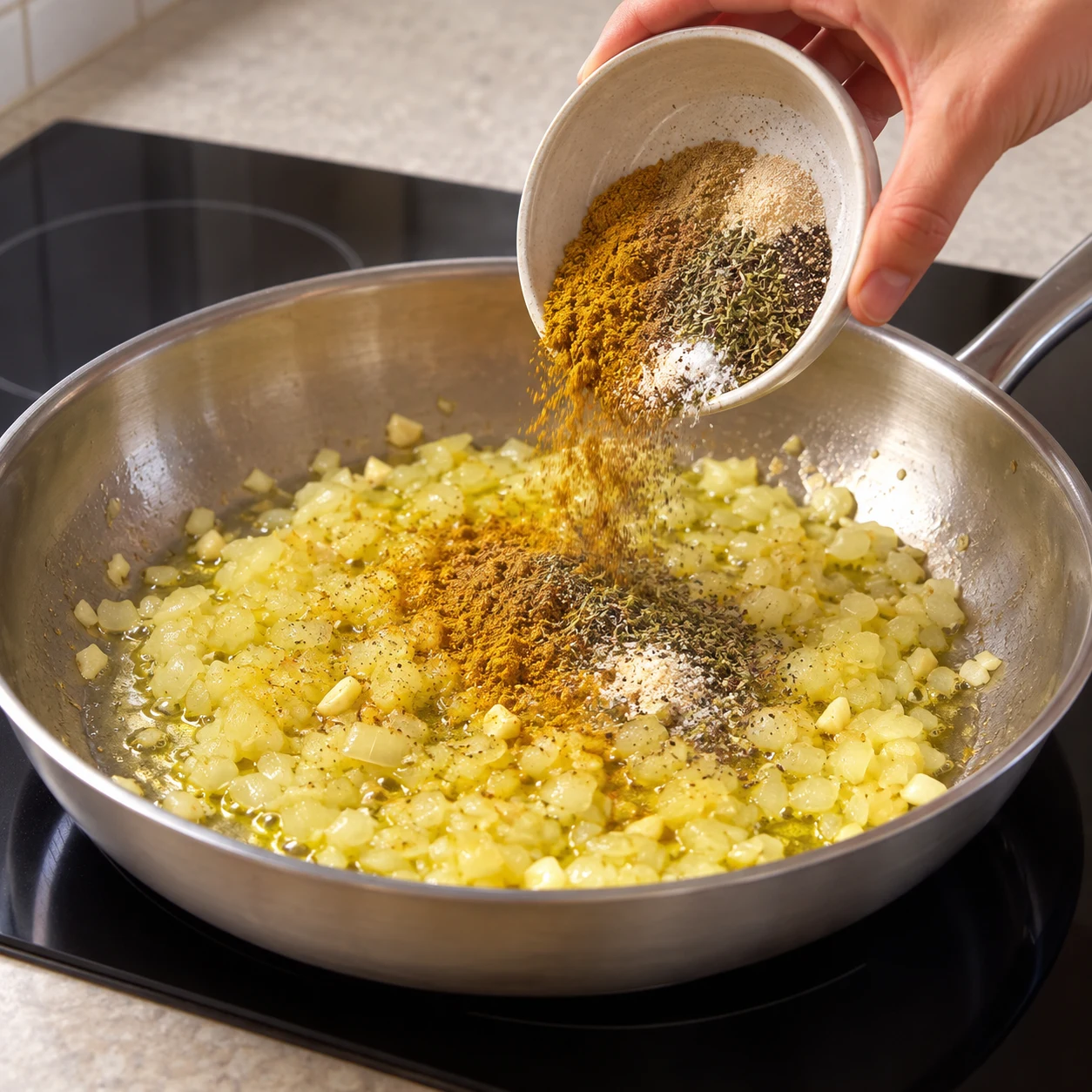 Une seule action : Ajouter les épices. Les épices sont réparties sur les aromates. Poêle neutre en inox quand la cuisson est montrée. Aucun ingrédient futur.