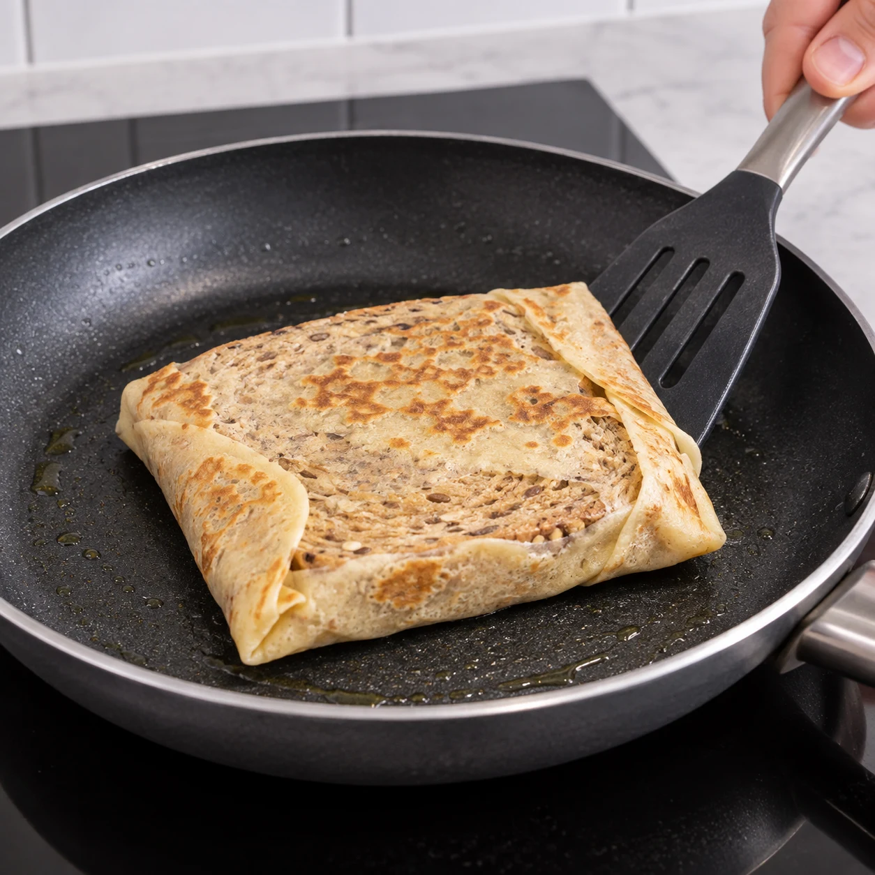 Une spatule retourne une tranche de pain aux céréales entourée d’une crêpe très fine beige claire de farine de blé et eau, bords repliés. Aucun œuf ni farine de pois chiche.