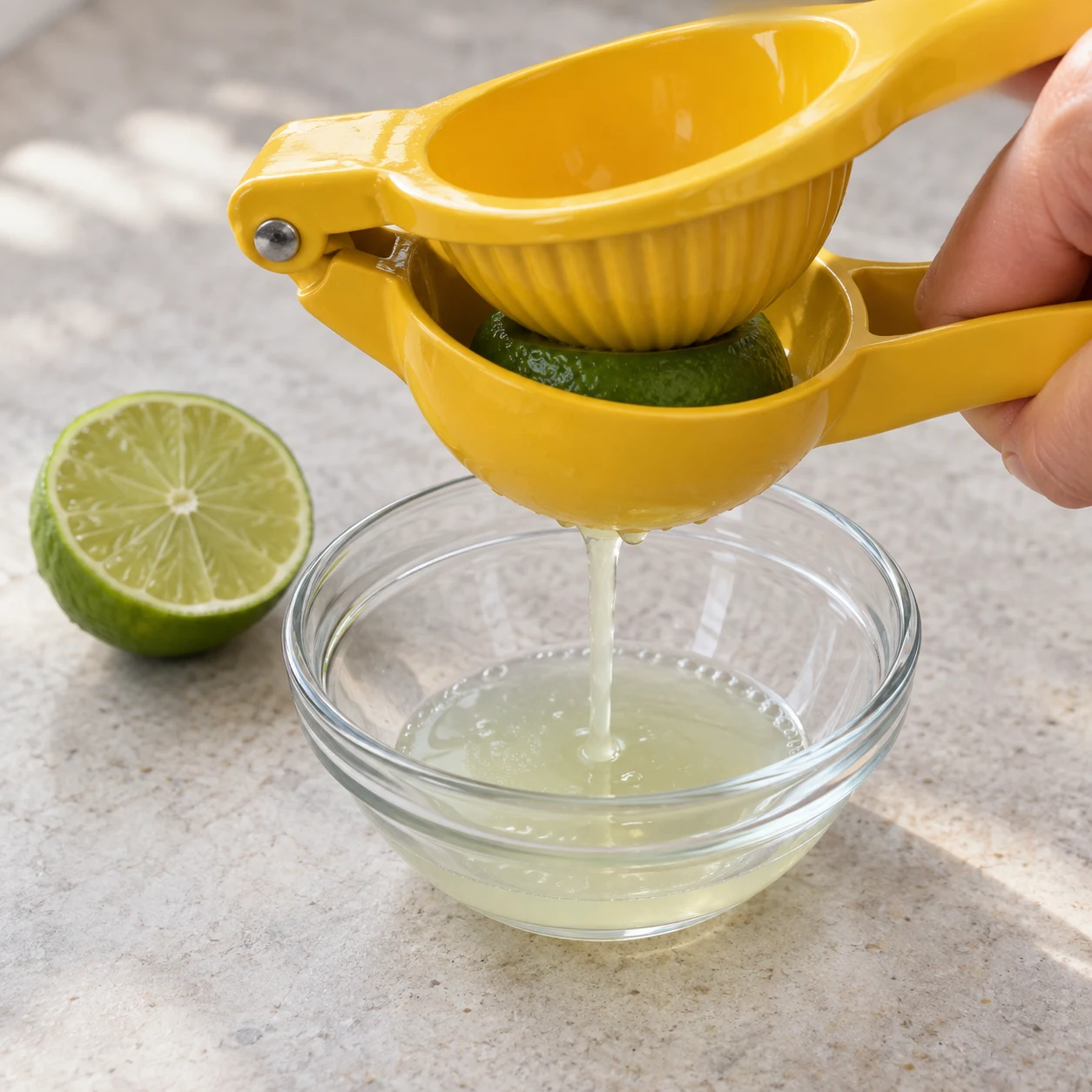 Une seule photo réaliste montrant cette action et son résultat : Pressez un demi-citron vert ; gardez l’autre moitié pour le service. Le jus du demi-citron est recueilli sans pépins. Seulement les ingrédients visibles de cette étape. Mains adultes anonymes si nécessaires, geste sûr.