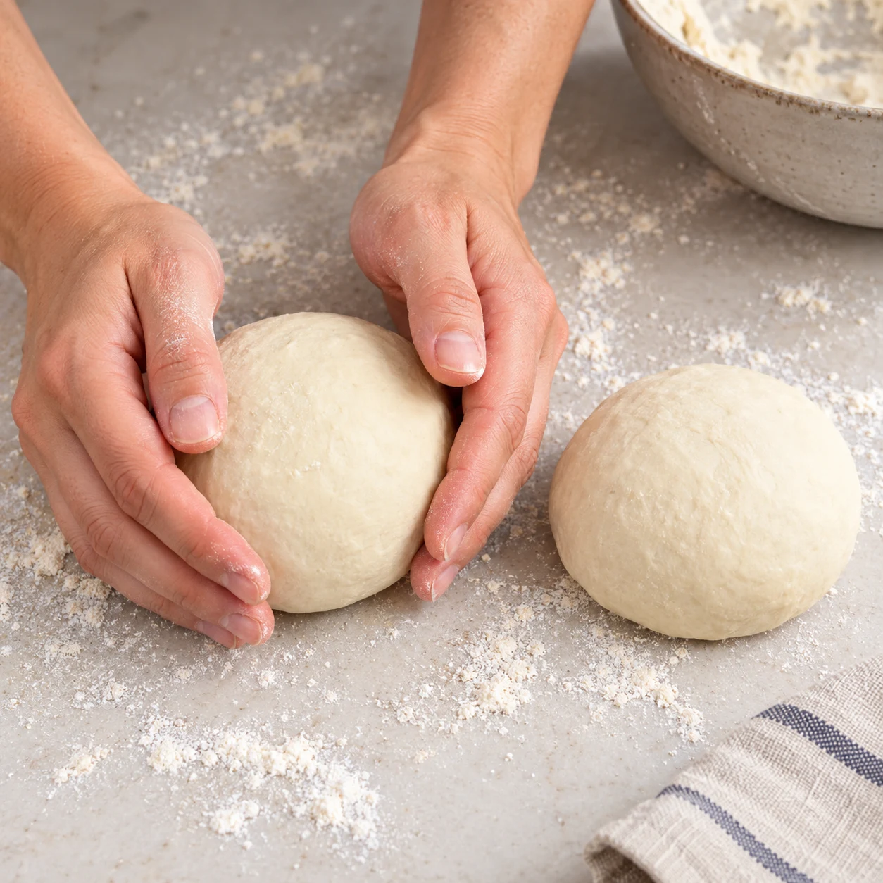 Deux boules de pâte, mains anonymes qui boulent.