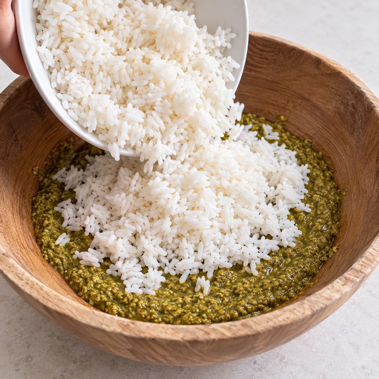 Ajoute tout le riz cuit refroidi sur la sauce.