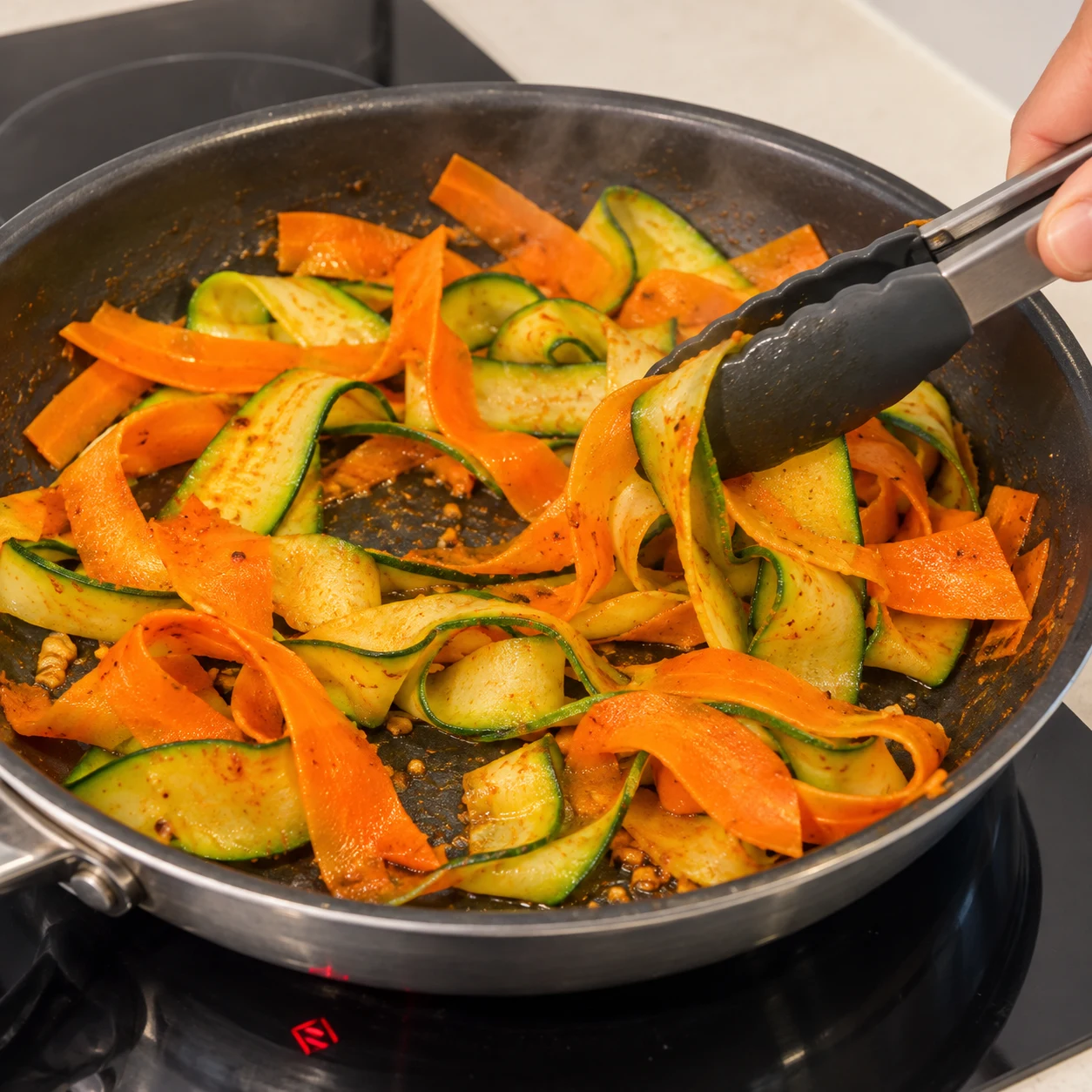 Photographie d’une seule action : Dans la même poêle, fais snacker ensemble les rubans de carotte et de courgette pendant 5 minutes, en les retournant délicatement. Résultat attendu : Les rubans sont chauds, assouplis et encore distincts. Adaptation entièrement végane ; pois chiches entiers, aucun crustacé ni produit laitier.