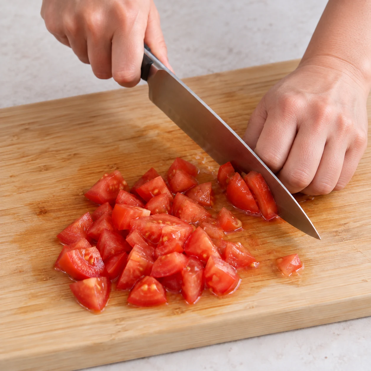 Une photographie carrée réaliste de « Couper les tomates ». Les morceaux sont assez petits pour entrer dans une bouchée de salade. Seulement les ingrédients autorisés à cette étape. Mains adultes anonymes si le geste l’exige, aucune personne identifiable ni texte.