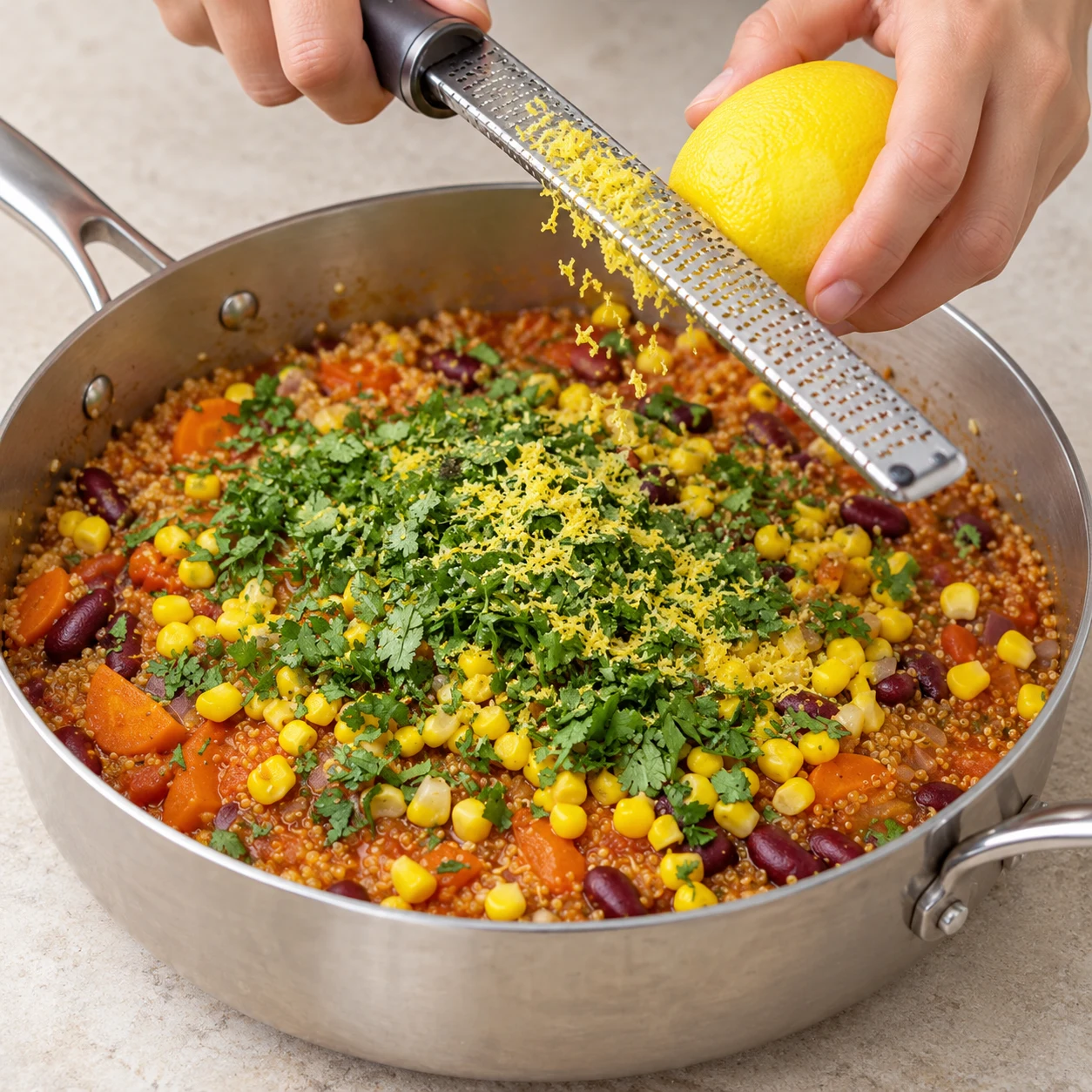 Râpe fine au-dessus du quinoa au maïs et coriandre, un citron jaune tenu par mains adultes anonymes, aucun buste.