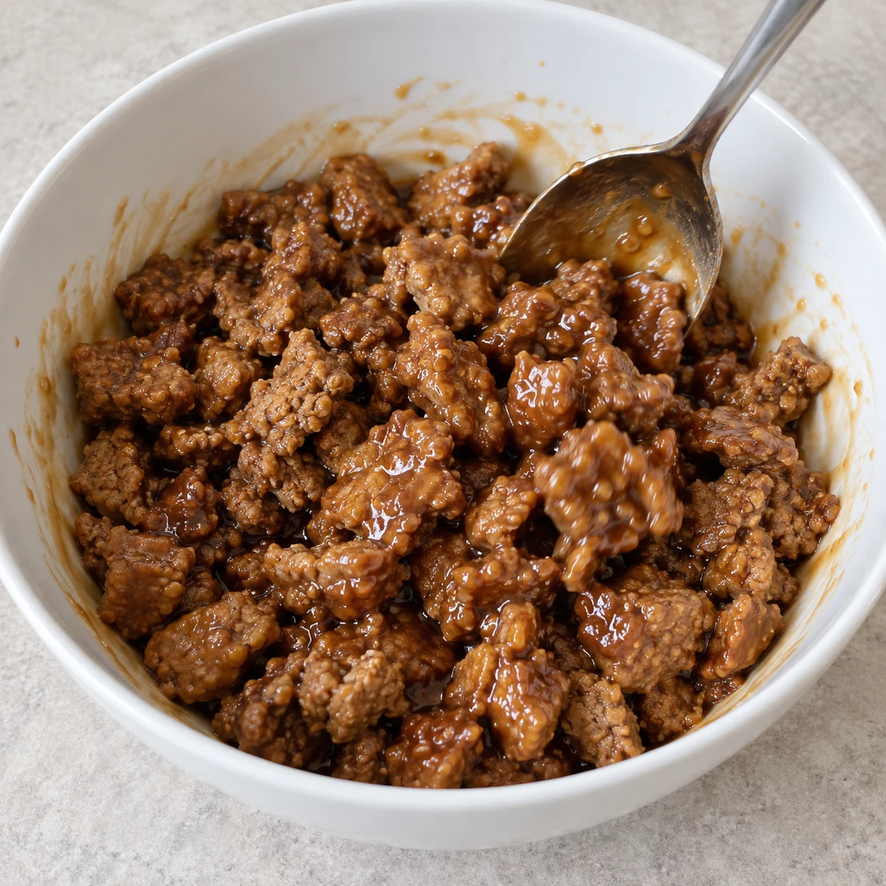 Morceaux de steaks végétaux cuits enrobés de marinade dans un bol.