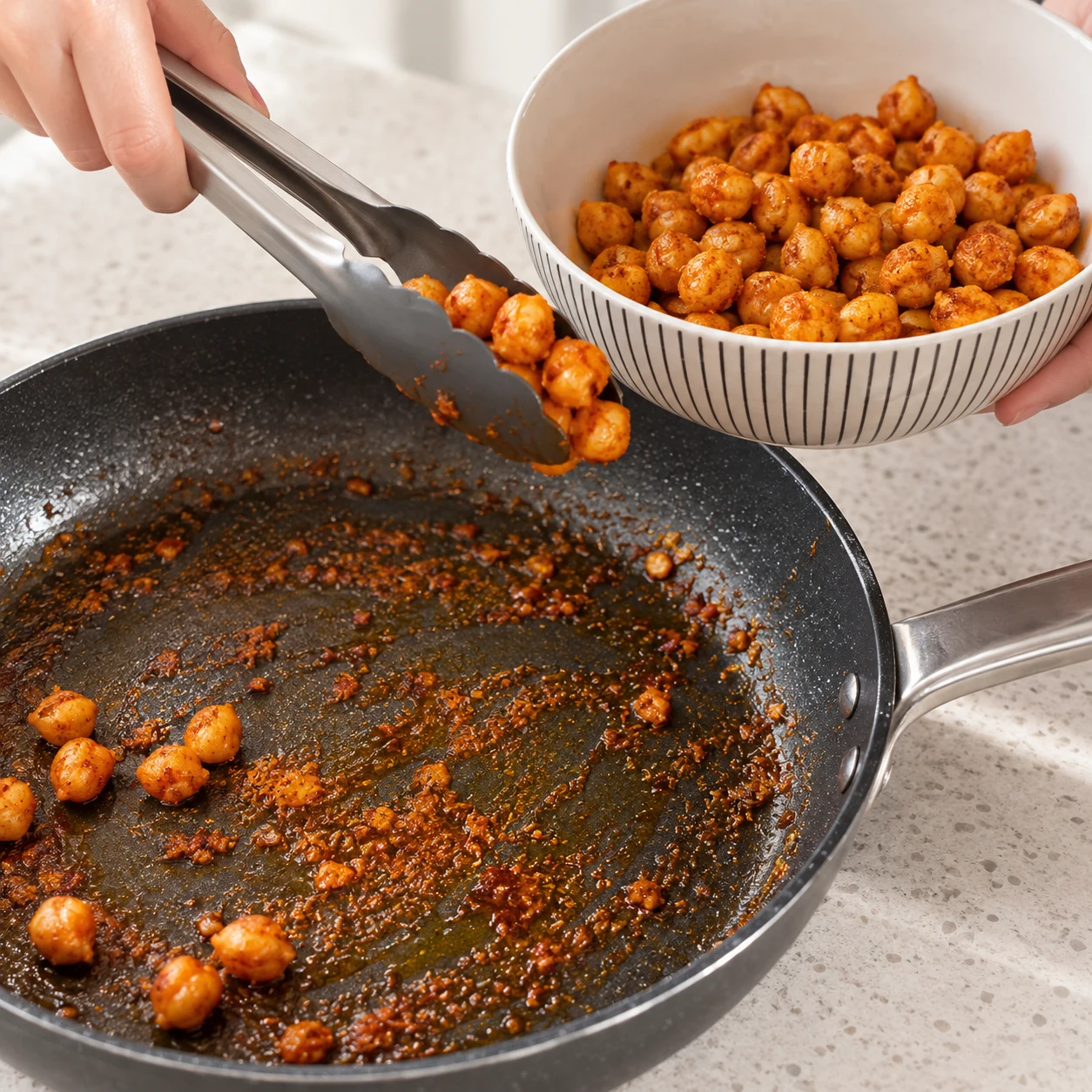Photographie d’une seule action : Retire les pois chiches entiers dorés de la poêle et réserve-les dans un bol. Garde la même poêle pour les légumes. Résultat attendu : Le pois chiches est réservé et la poêle conserve les sucs de marinade. Adaptation entièrement végane ; pois chiches entiers, aucun crustacé ni produit laitier.