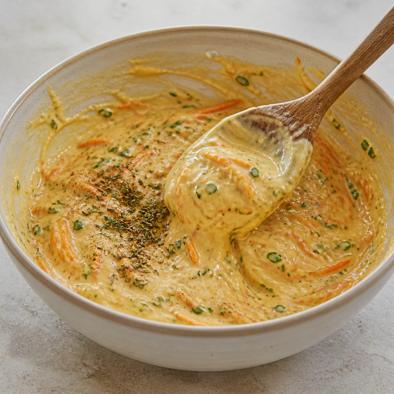 Saladier contenant une pâte à accras jaune pâle et épaisse, filaments de carotte orange et éclats verts de ciboulette et persil visibles, une pincée de thym séché et de quatre épices saupoudrée dessus, cuillère en bois plantée dedans. Aucune main, aucun texte, aucune marque.
