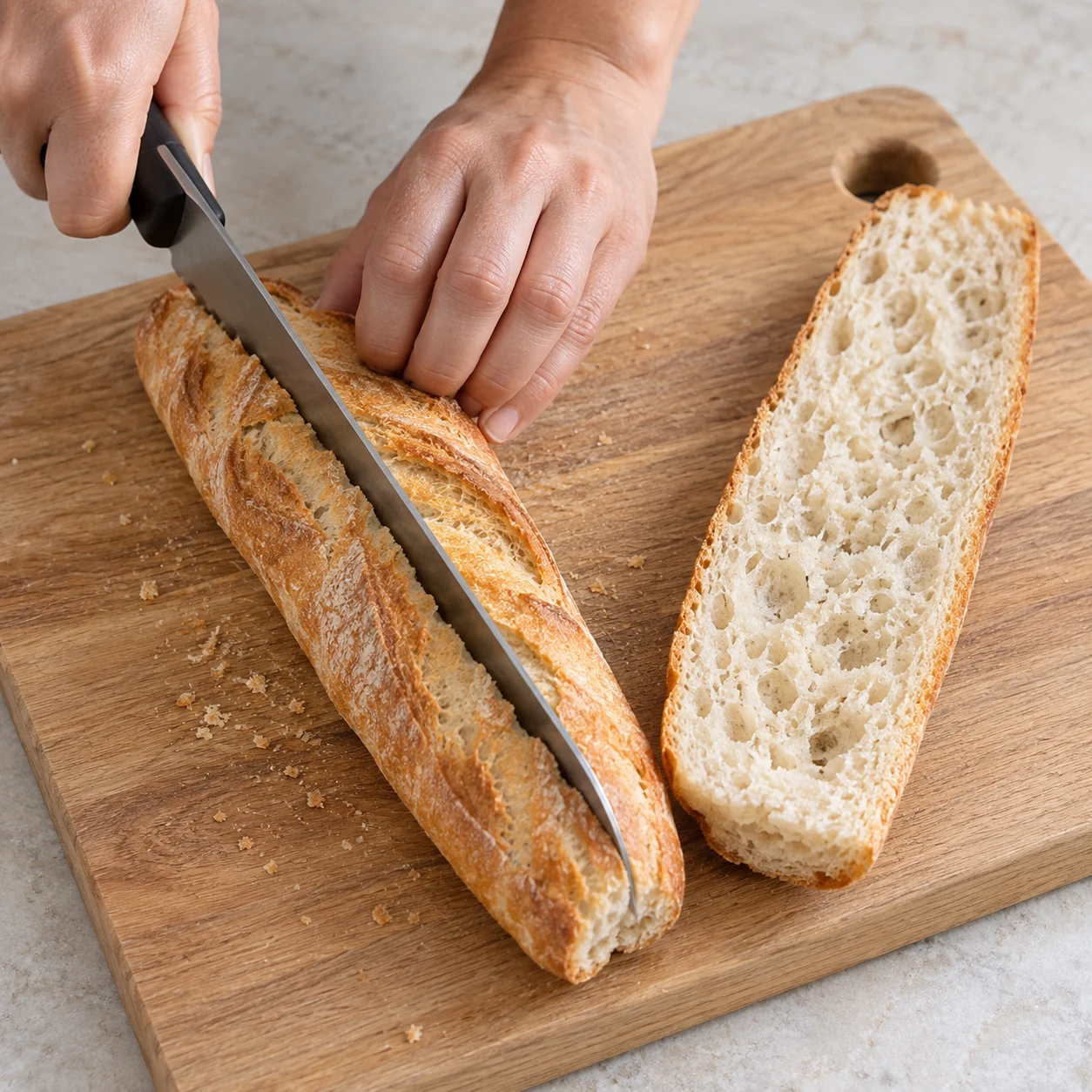 Coupez la demi-baguette en deux dans la longueur sur une planche stable. Montrer uniquement les ingrédients présents à cette phase.