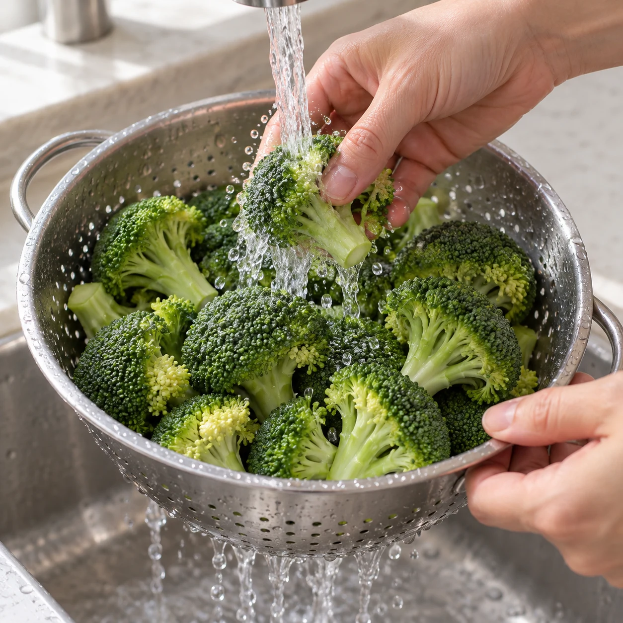 Nettoyez le brocoli sous l’eau. Montrer uniquement cet état, sur pierre pâle et sans texte.