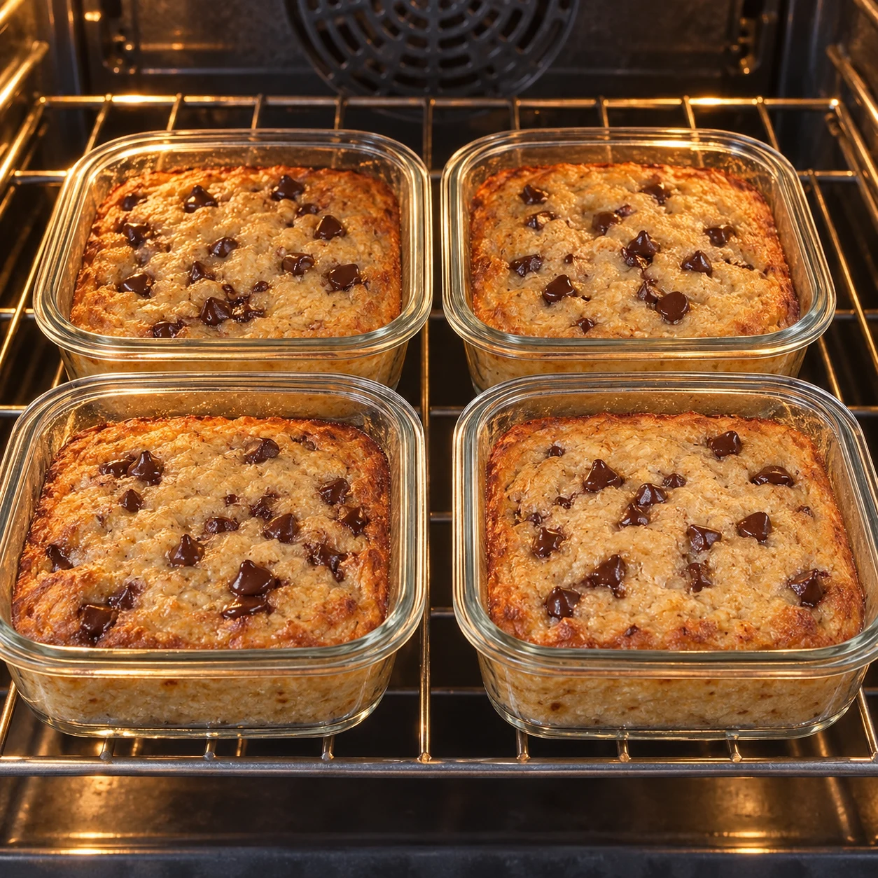 Quatre cakes beiges cuits, bords légèrement dorés et pépites fondues, dans quatre récipients en verre sans couvercle.